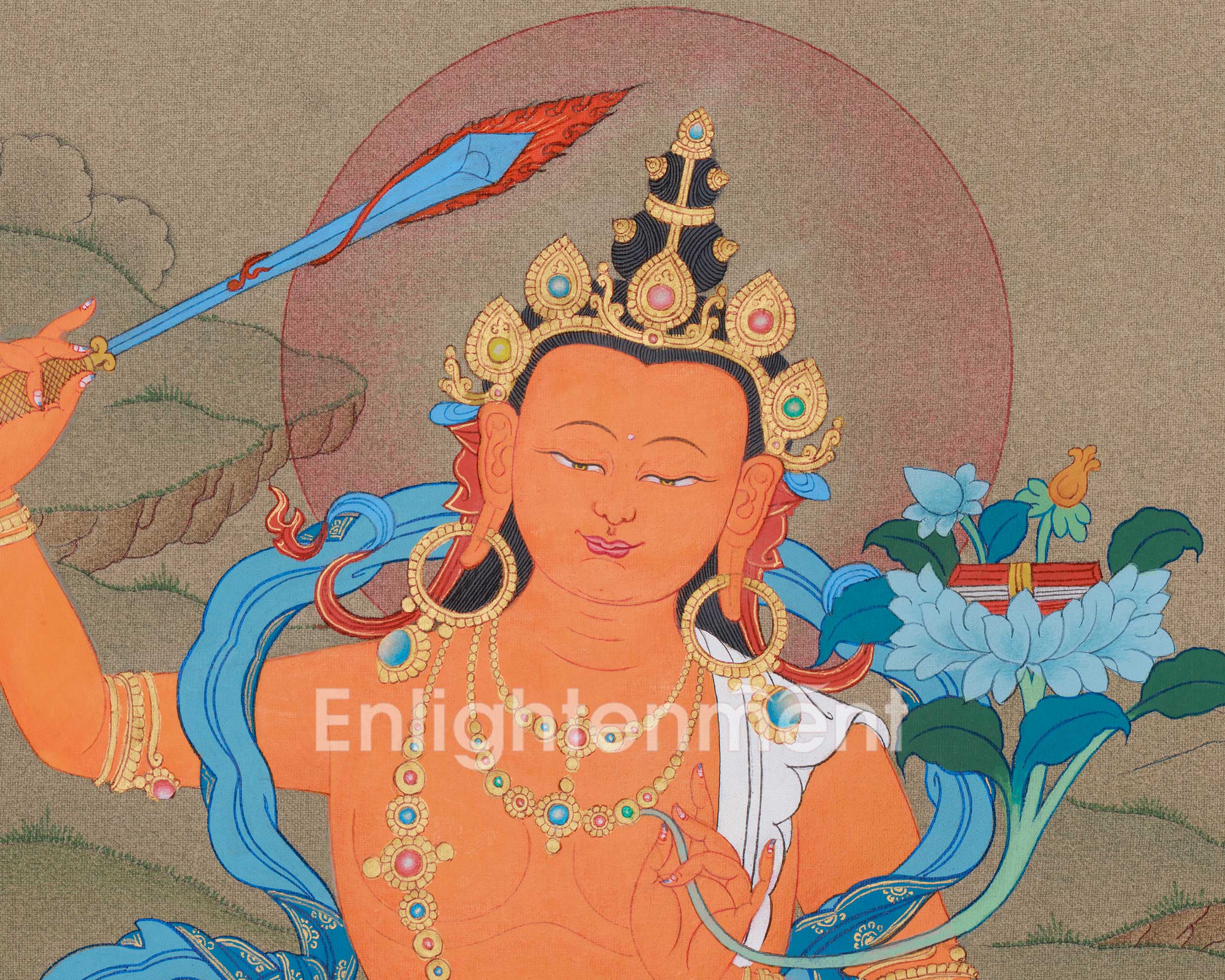 Traditional Handmade Bodhisattva Manjushri Thangka | Embodiment of Learning and Enlightened Mind