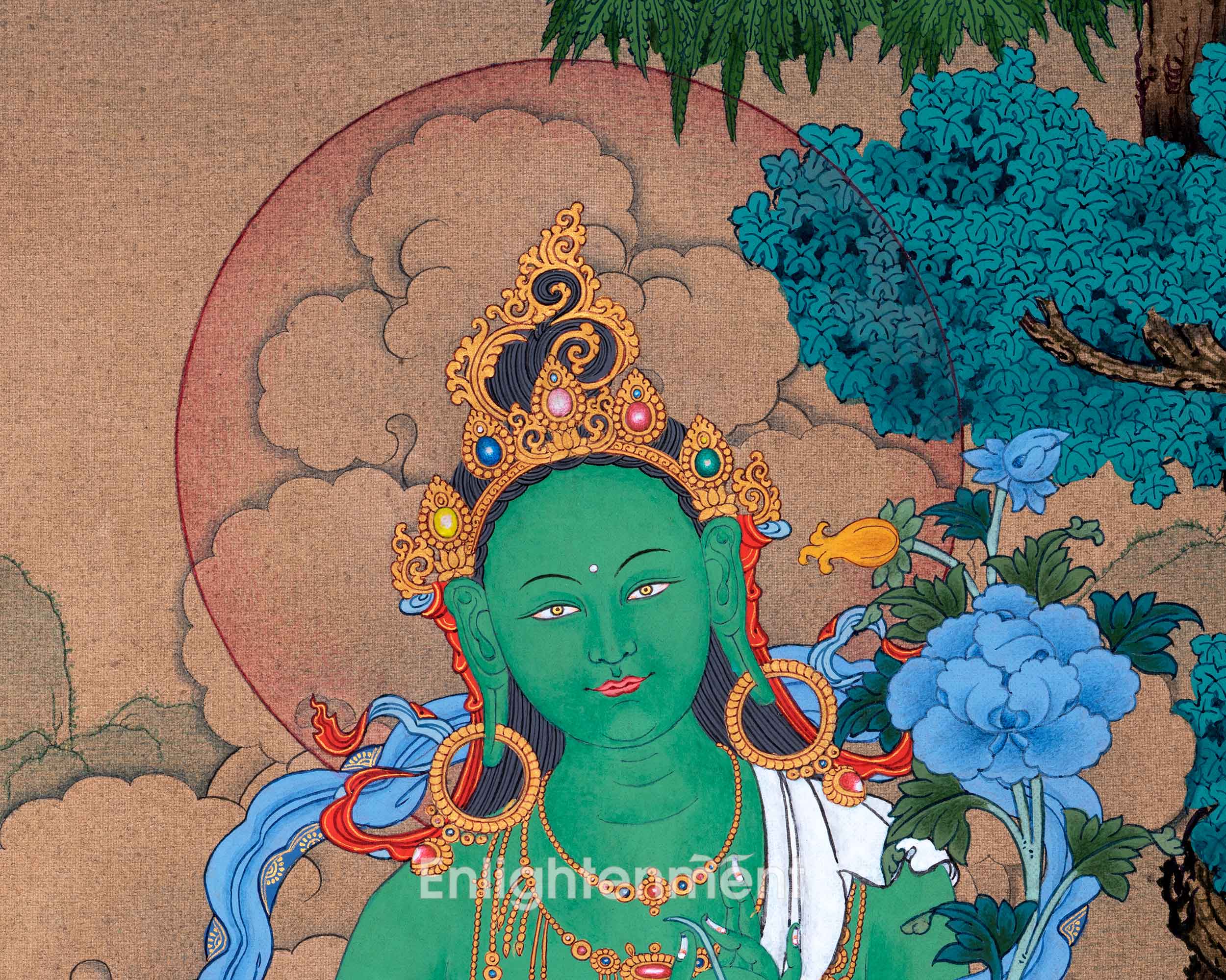 Tibetan Thangka Painting Of Green Tara | Goddess Of Compassion | Wall Decorative Art