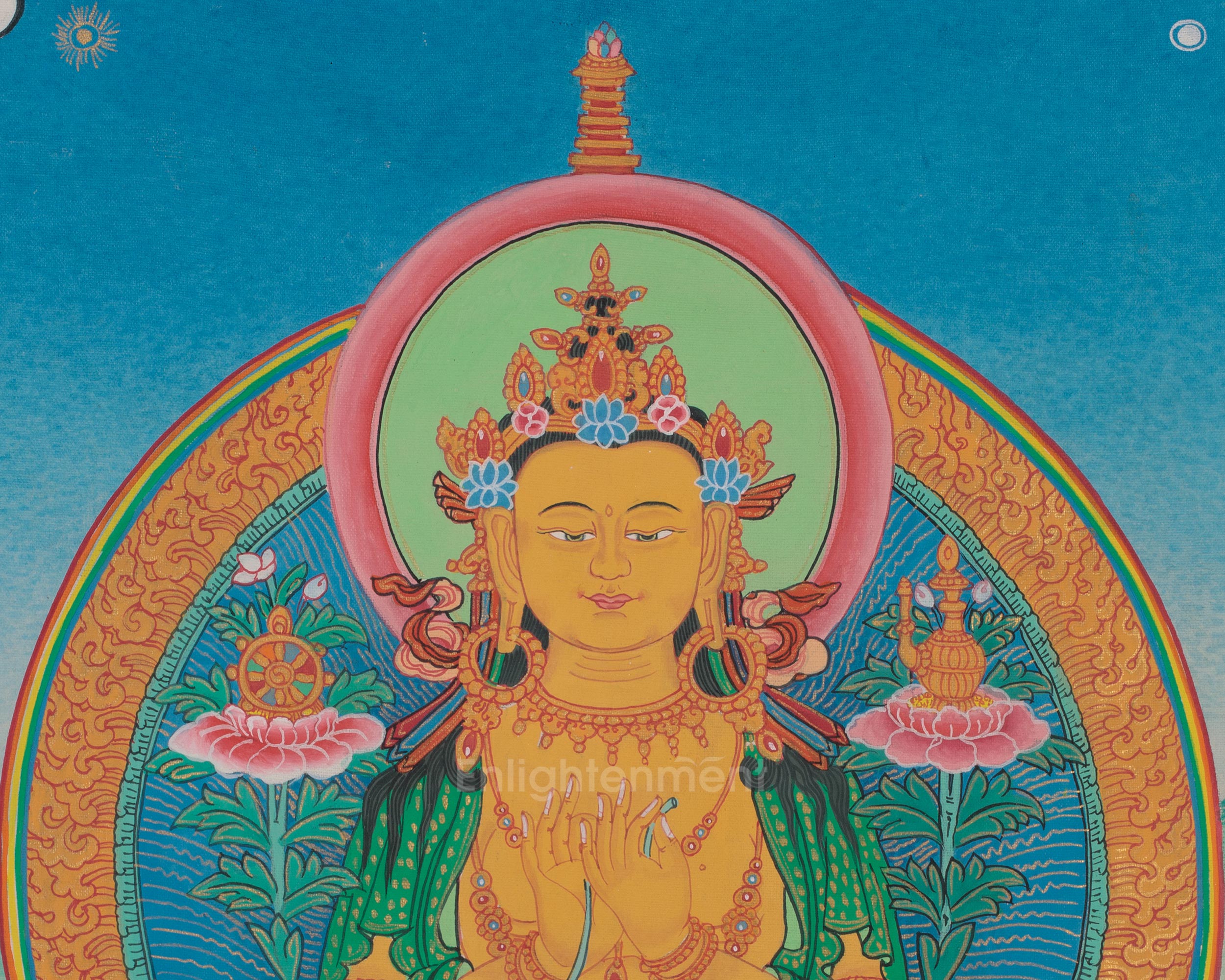 Future Buddha Maitreya Thangka | Sacred Art with Blue and Red Silk Brocade