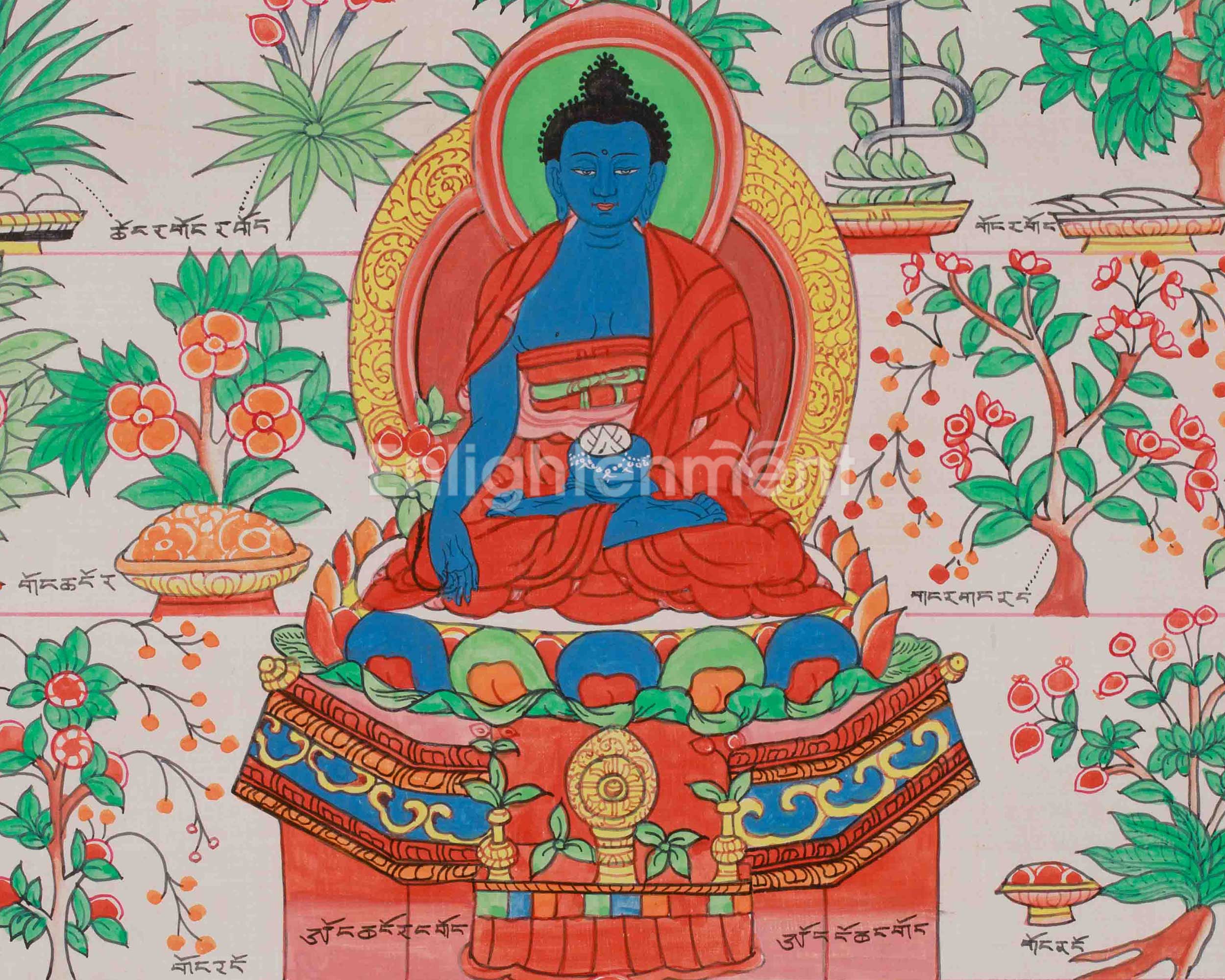 Medicine Buddha Healing Plants Thangka | Botanical Thangka