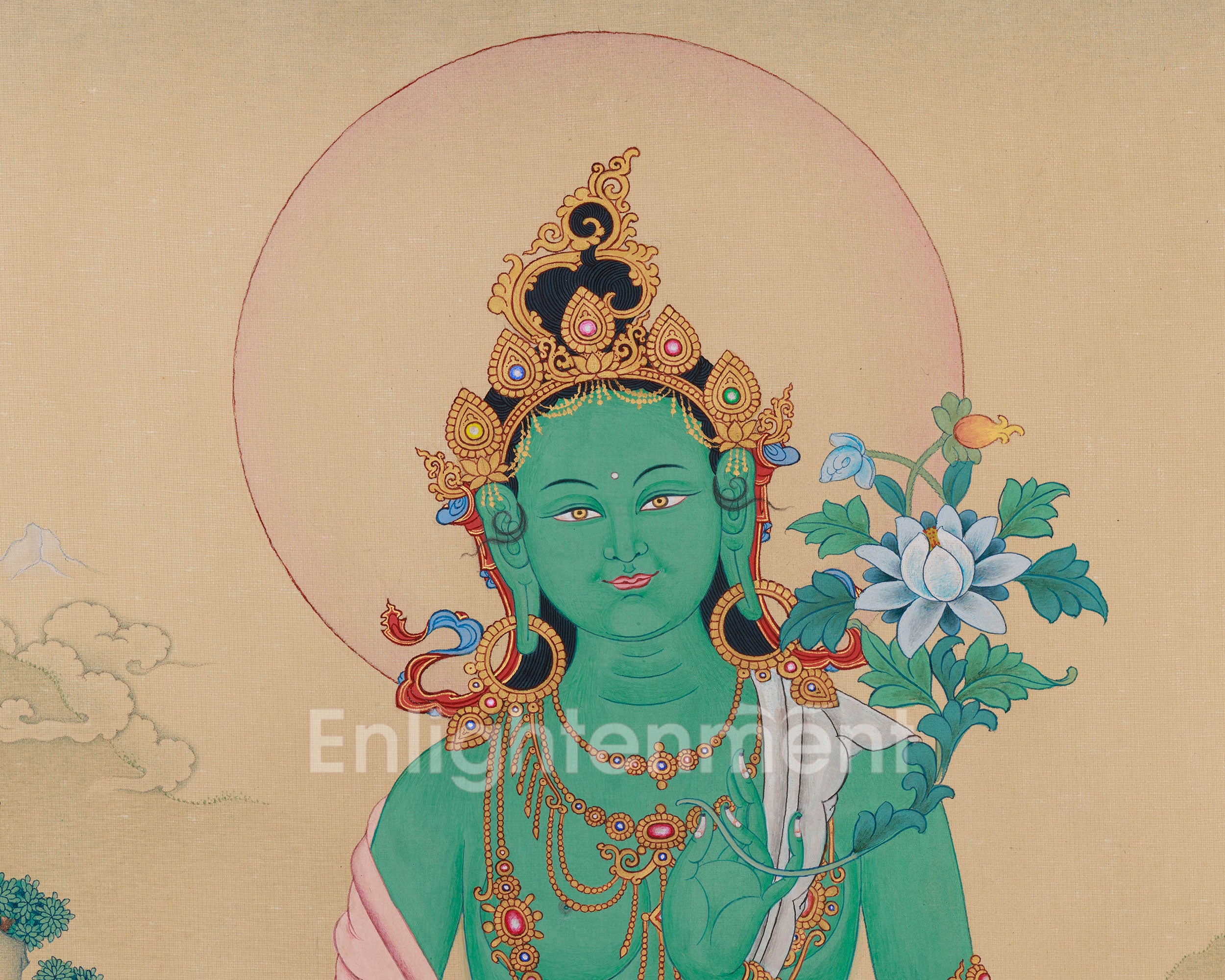Beautiful Tibetan Female Buddha Green Tara Thangka | The Compassionate Savior of the Universe