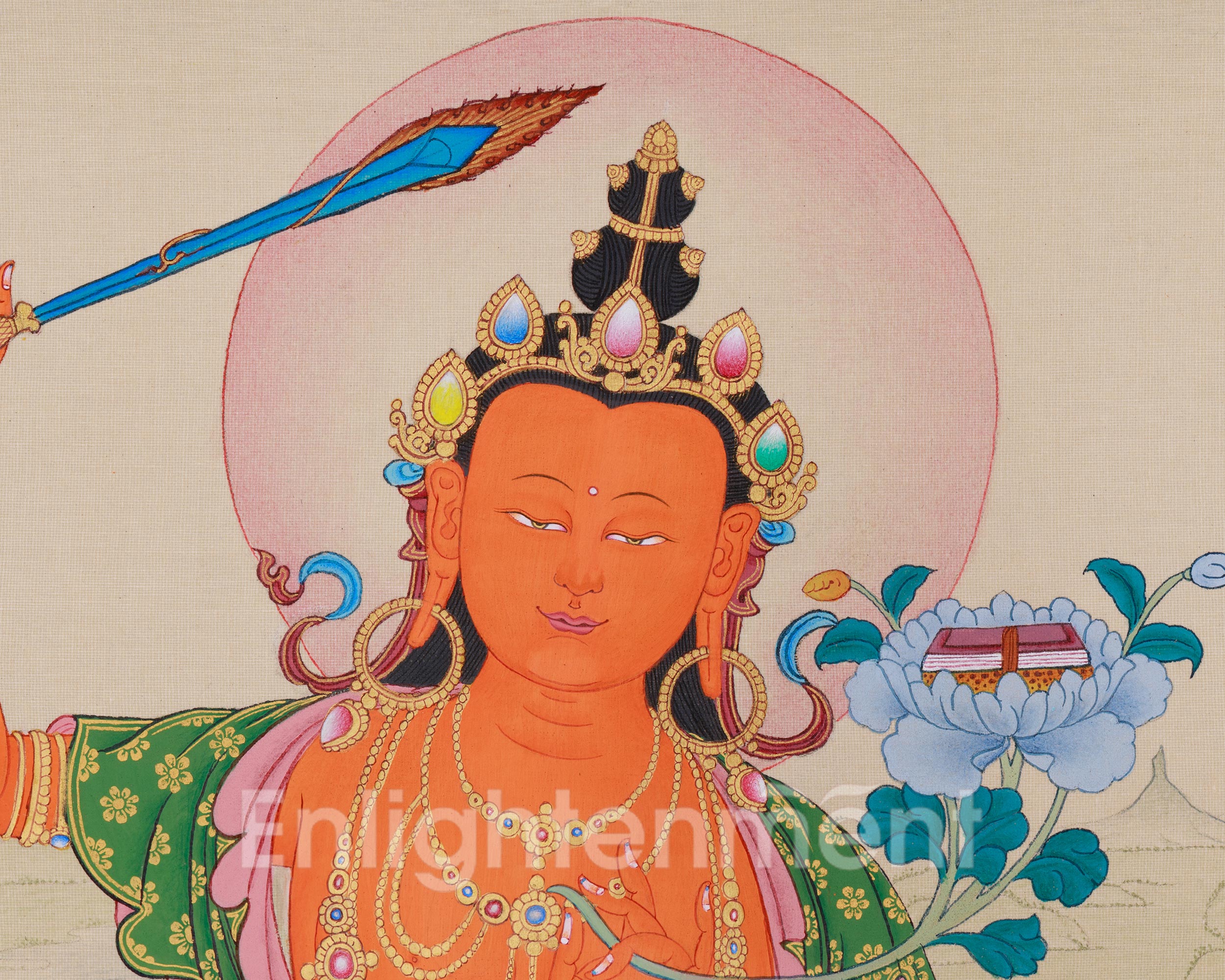 Hand-Painted 24 Inch Manjushri Thangka | Bodhisattva of Profound Knowledge