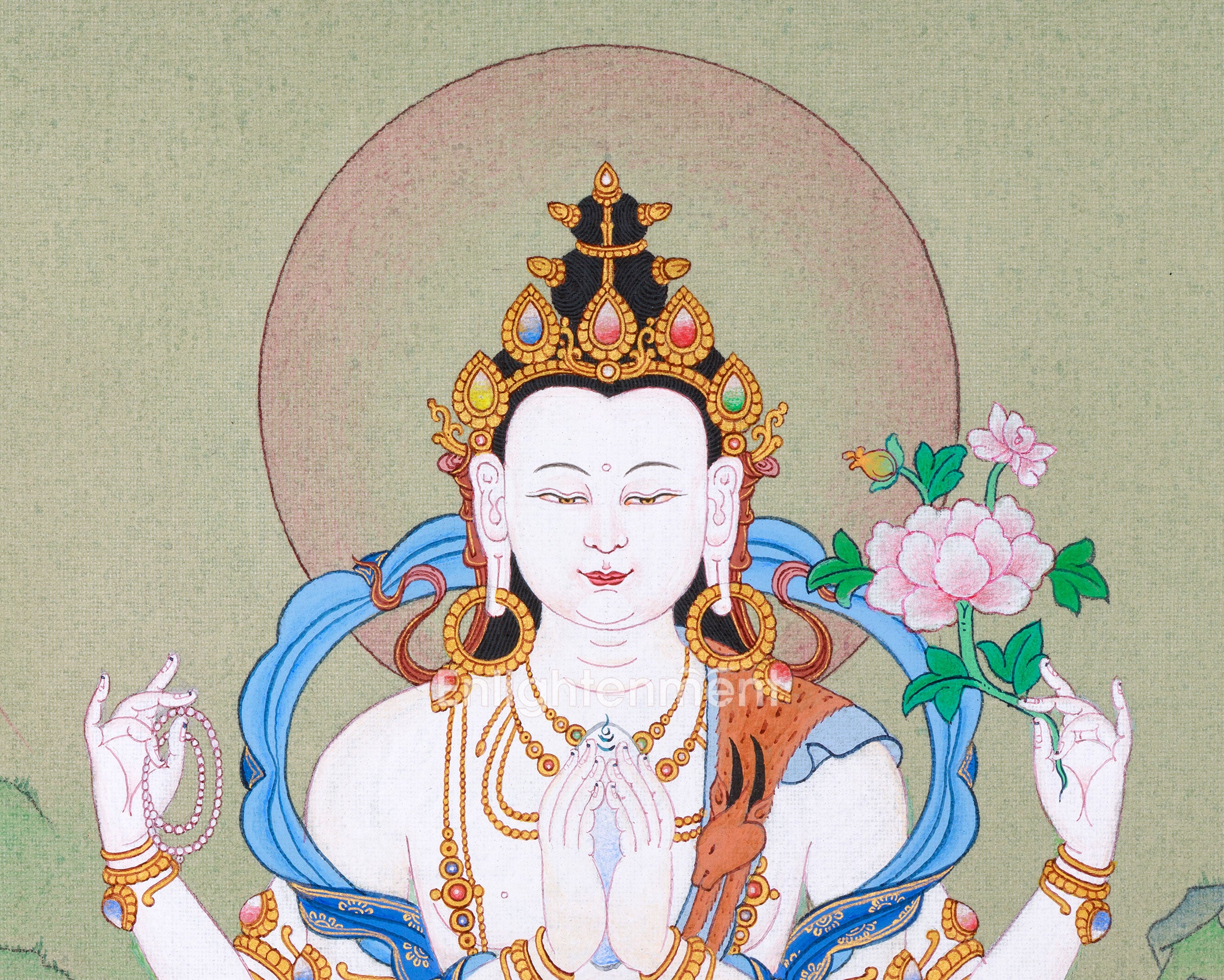 Small Hand-Painted Chenresig Thangka: Four Arm Bodhisattva | Compassion Deity