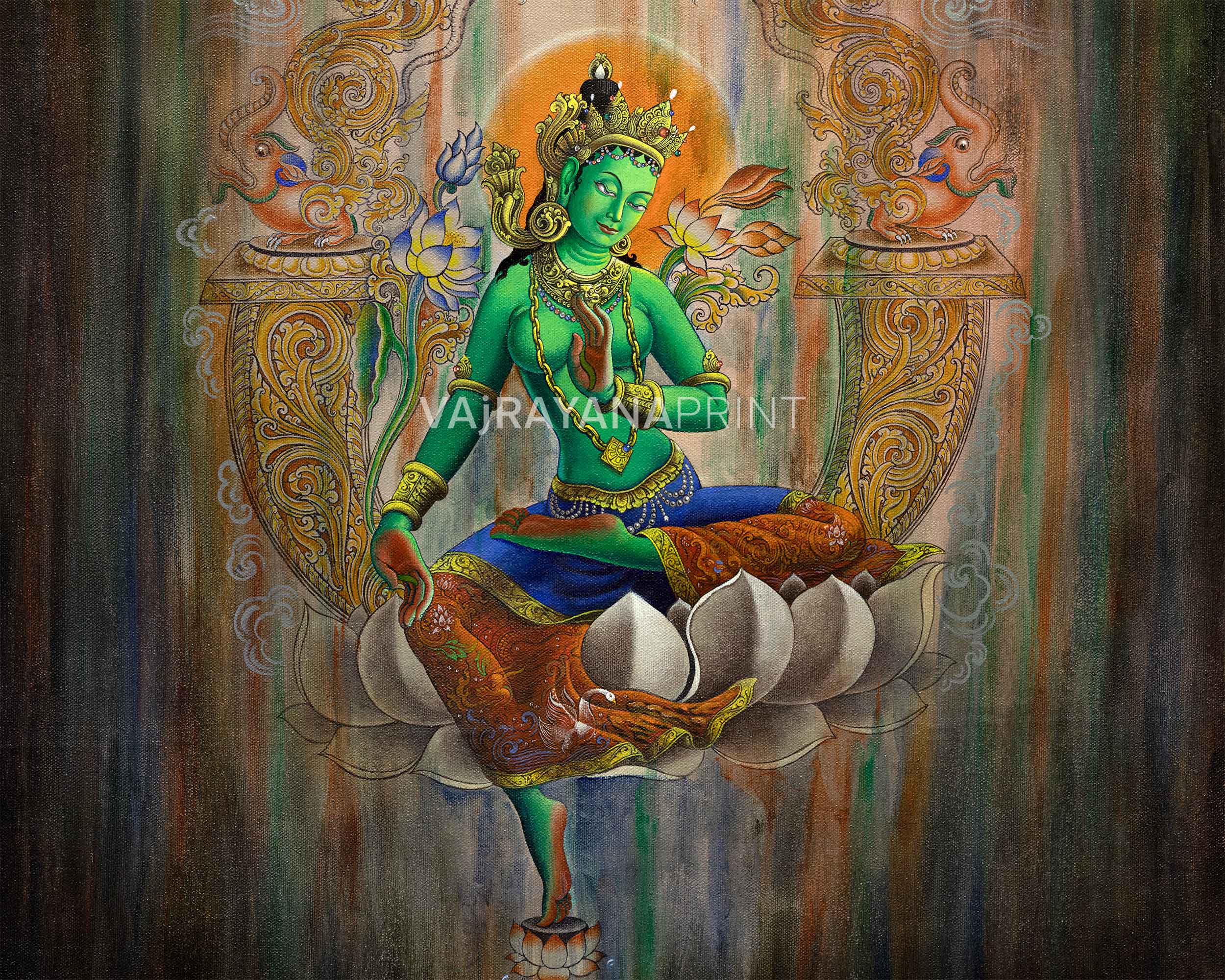 Eternal Guidance With Green Tara Thangka Print | Traditional Mother Tara