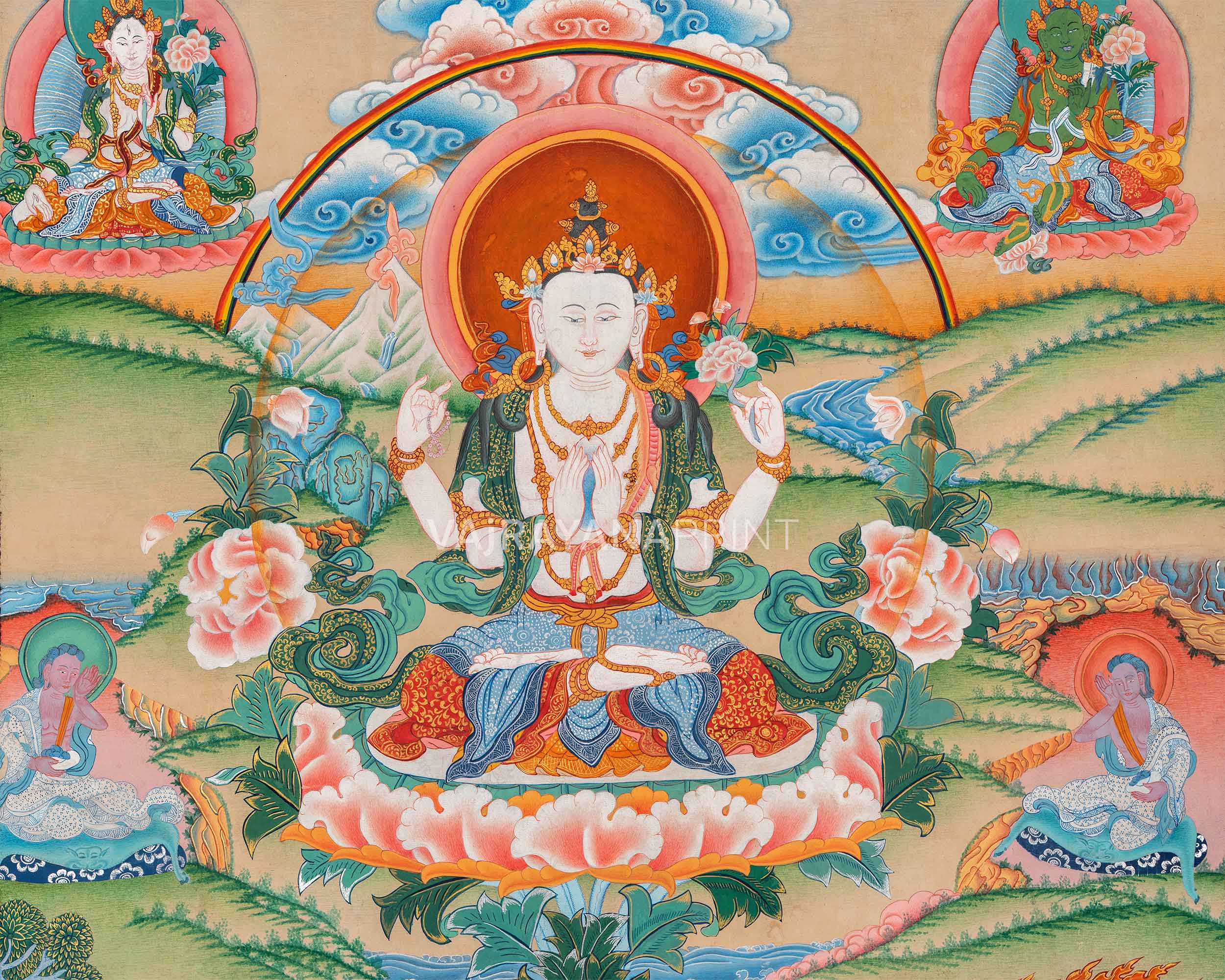 High-Quality Giclee Print For Chenrezig Prayer | Bodhisattva Of Compassion With Tara, Manjushri, Vajrapani & Buddhas