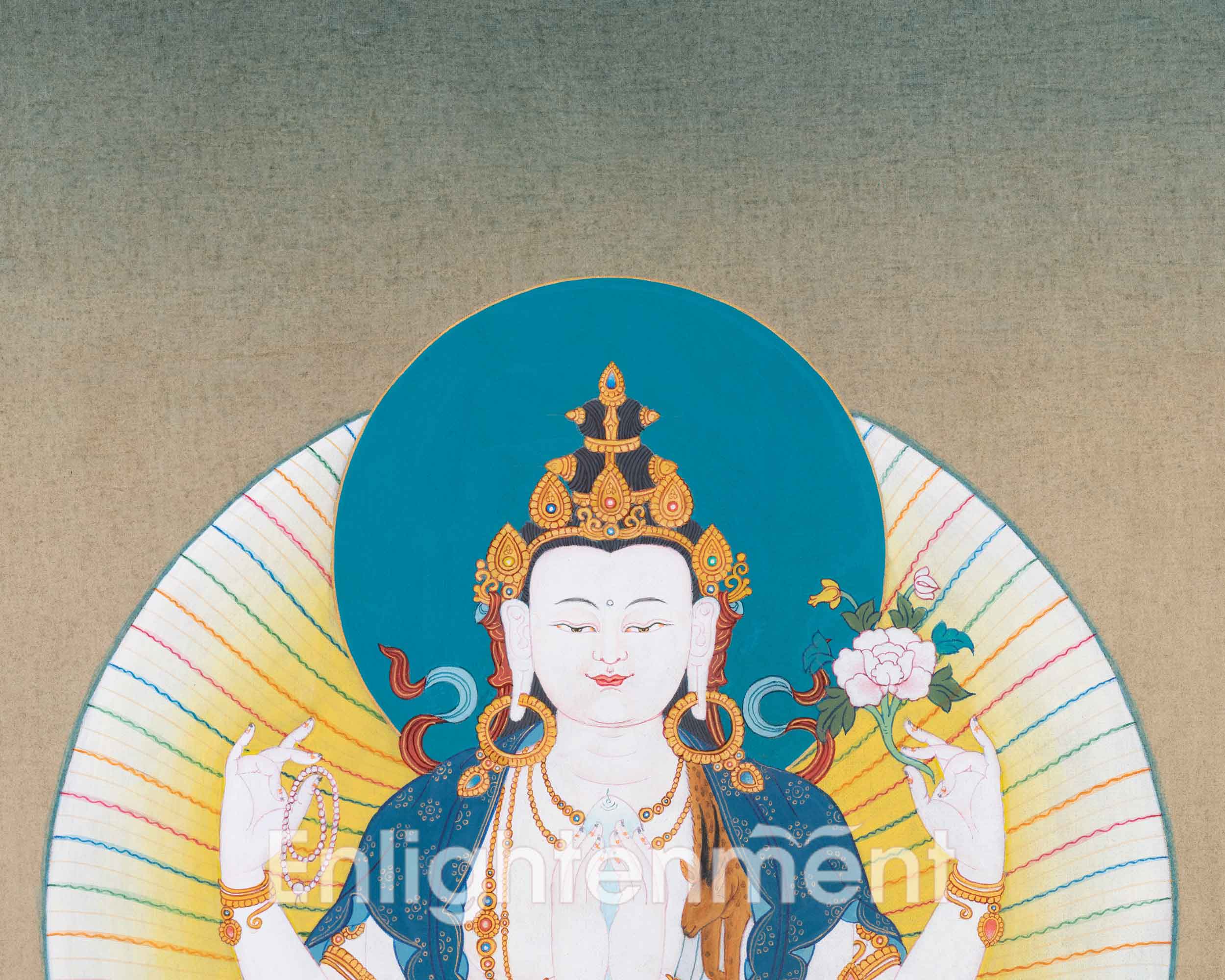 Chenresig Thangka with Manjushri and Vajrapani | Deity of Compassion