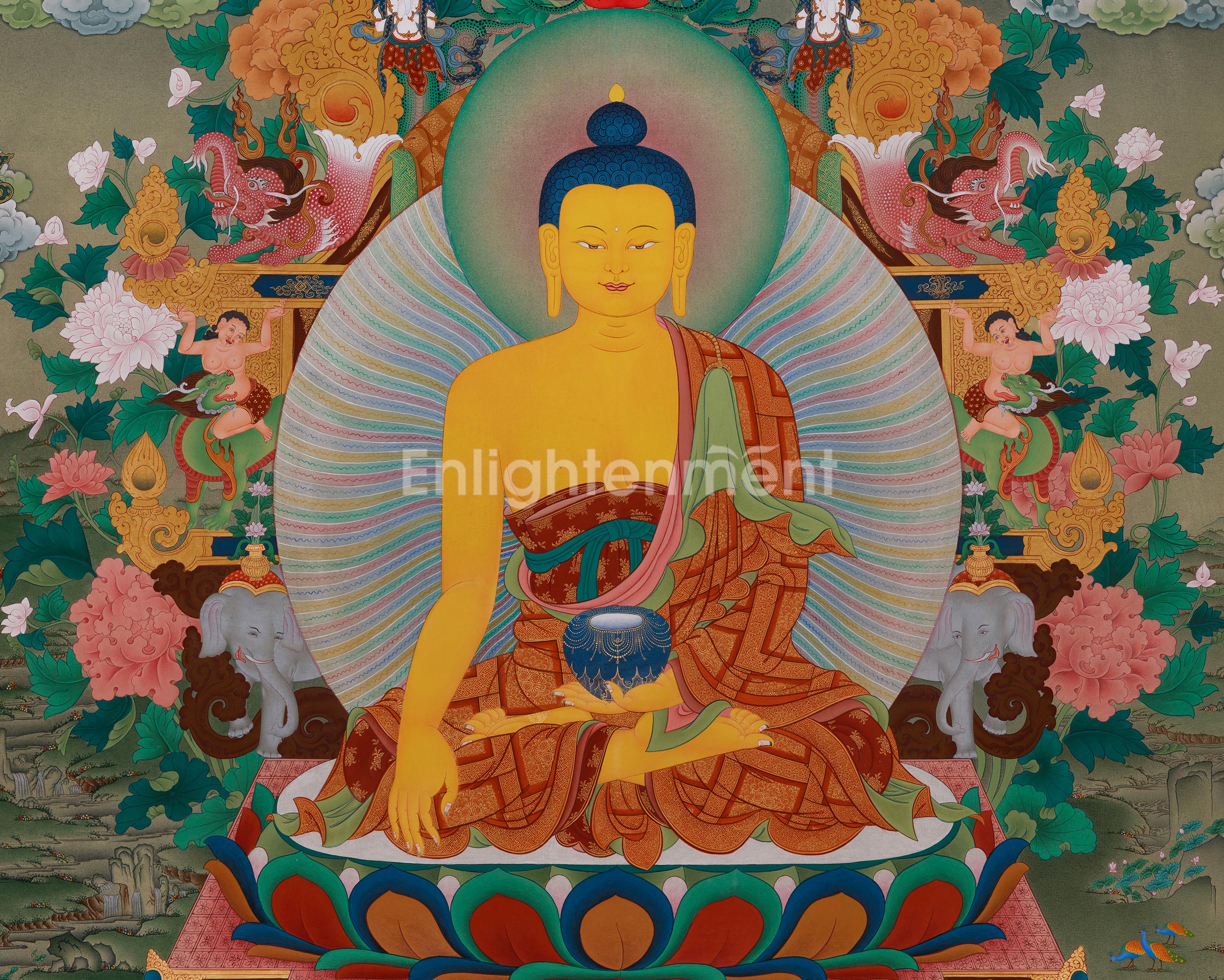 Tibetan Shakyamuni Buddha With 16 Arhat Thangka | Representation of Compassion, and Enlightenment