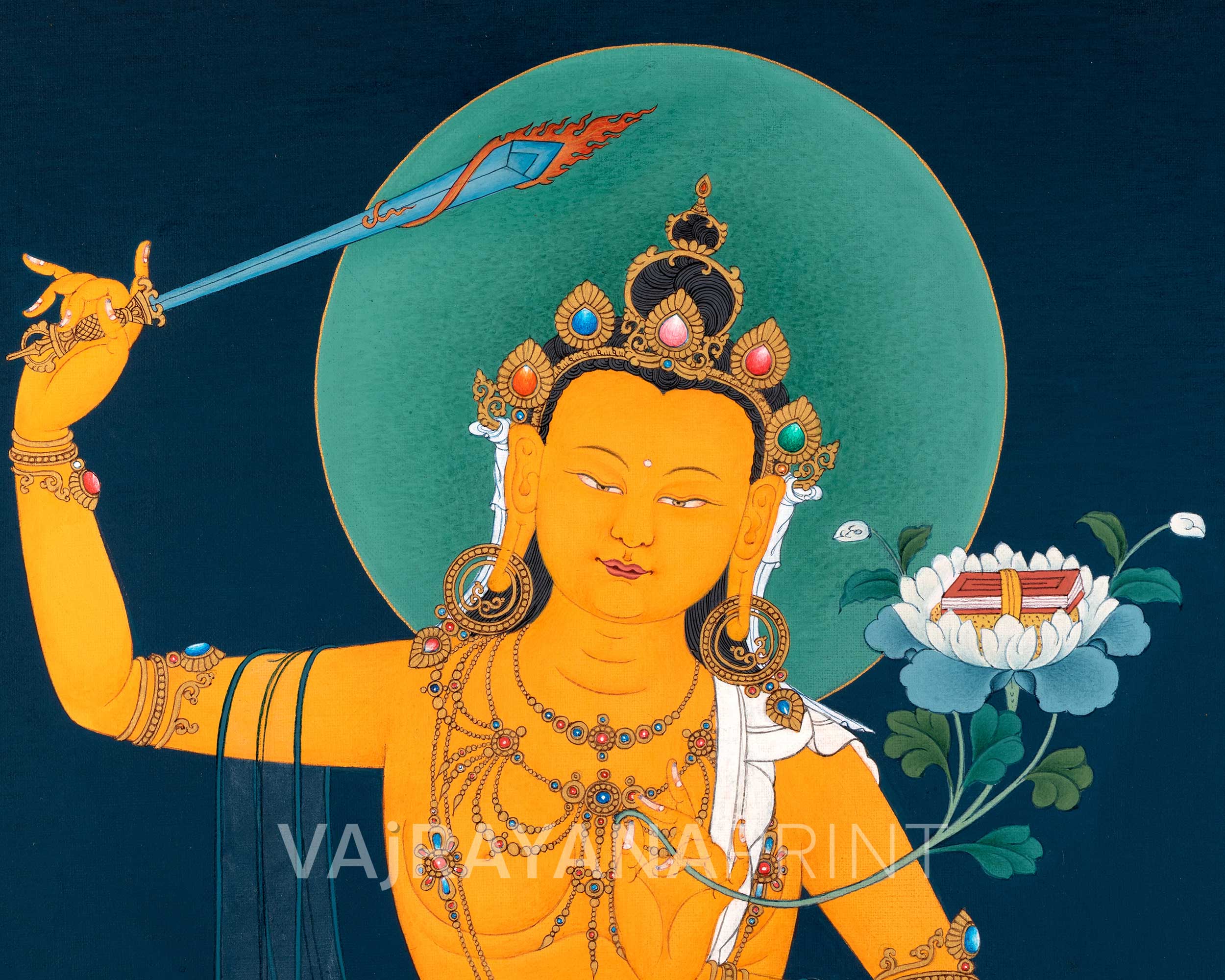 The Radiant Manjushri Thangka Print | The Bodhisattva of Wisdom Canvas Print