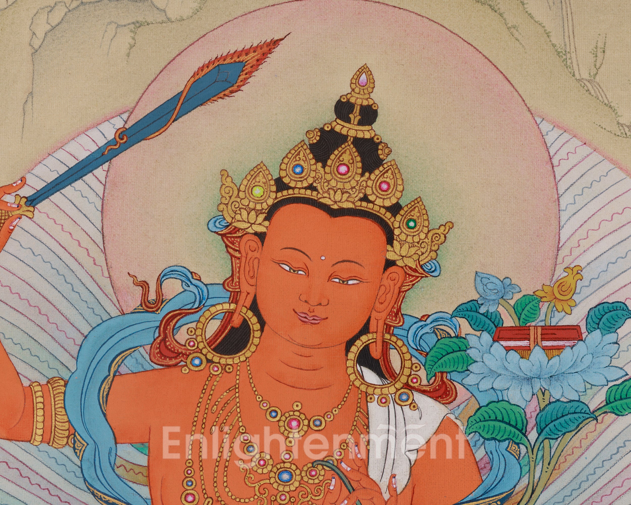 Manjushri With Vajrapani and Chenrezig Thangka | Sacred Wisdom Compassion Deity