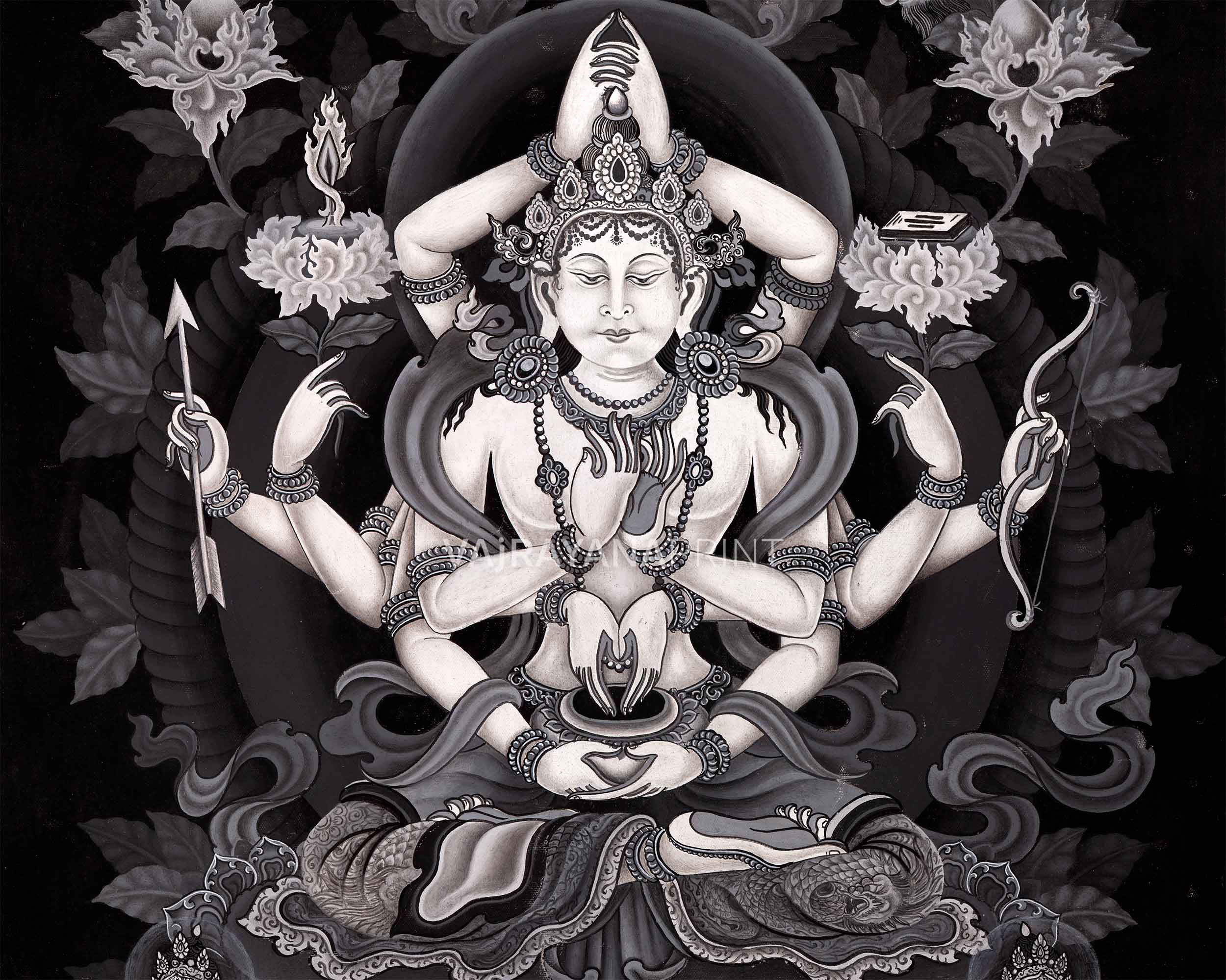 High-Quality Giclee Print For Arya Manjushri Namasangiti Mantra Practice | Multi-Armed Form Of Bodhisattva Of Wisdom
