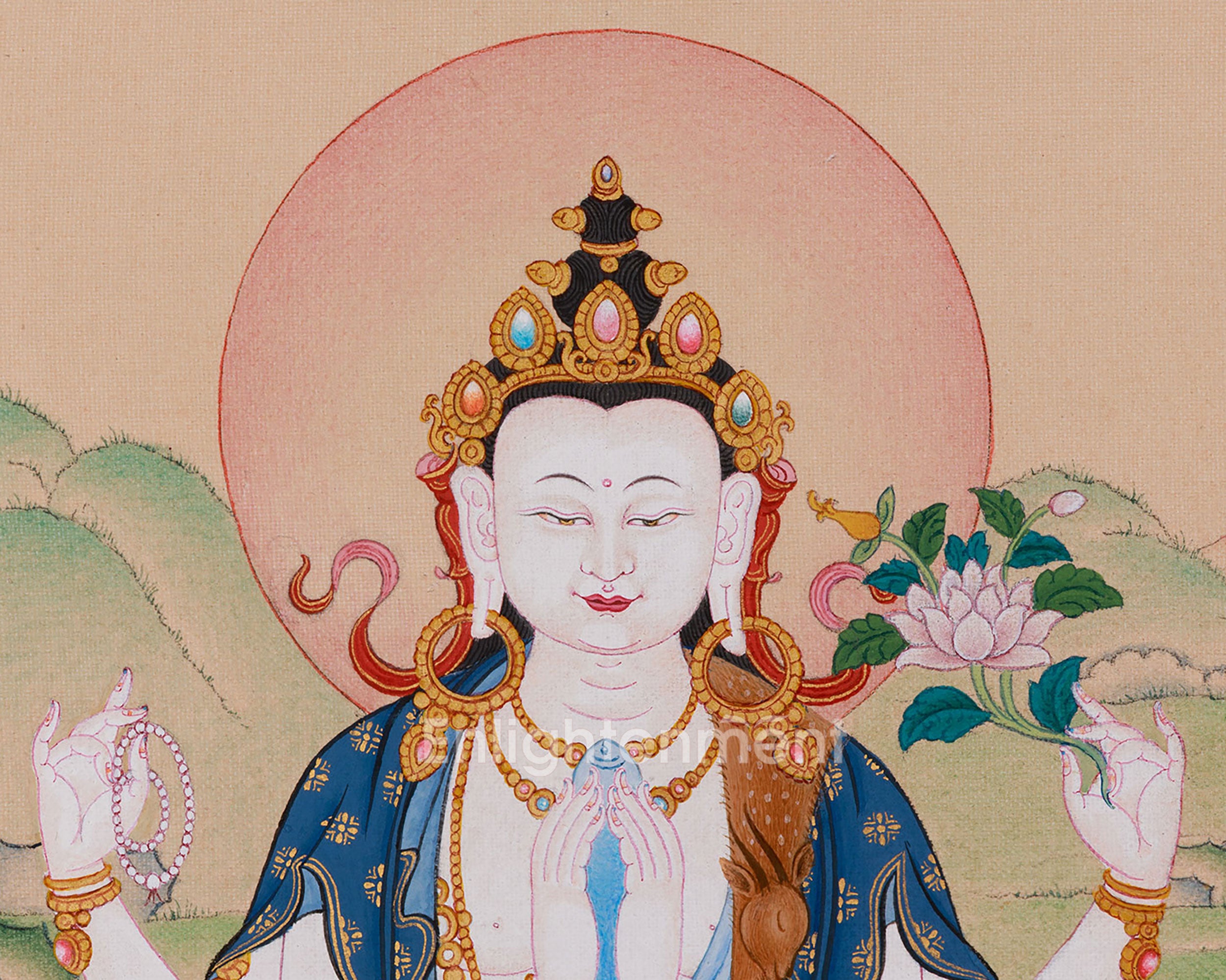 13-Inches Chenrezig Thangka | Four Armed Avalokiteshvara | Karma Gadri Tibetan Art