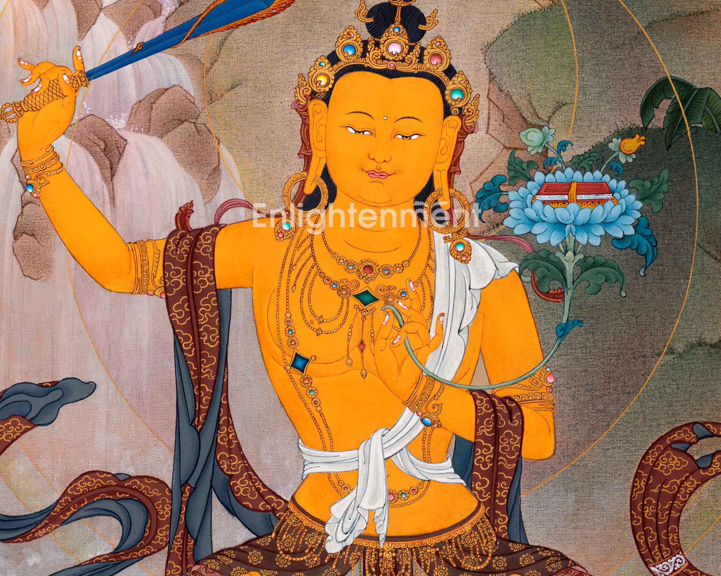 Manjushri with Chenrezig and Vajrapani Thangka | Hand Painted Artwork of Traditional Buddhism | Meditation Art