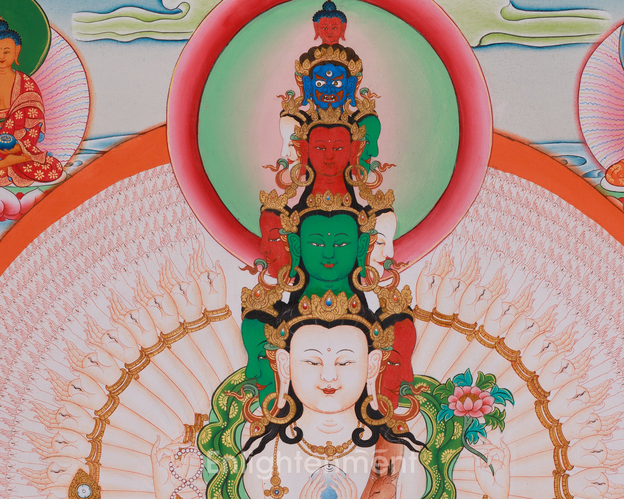 1000 Armed Chenrezig Sacred Artwork | Avalokiteshvara Compassion Deity | Five Dhyani Buddhas