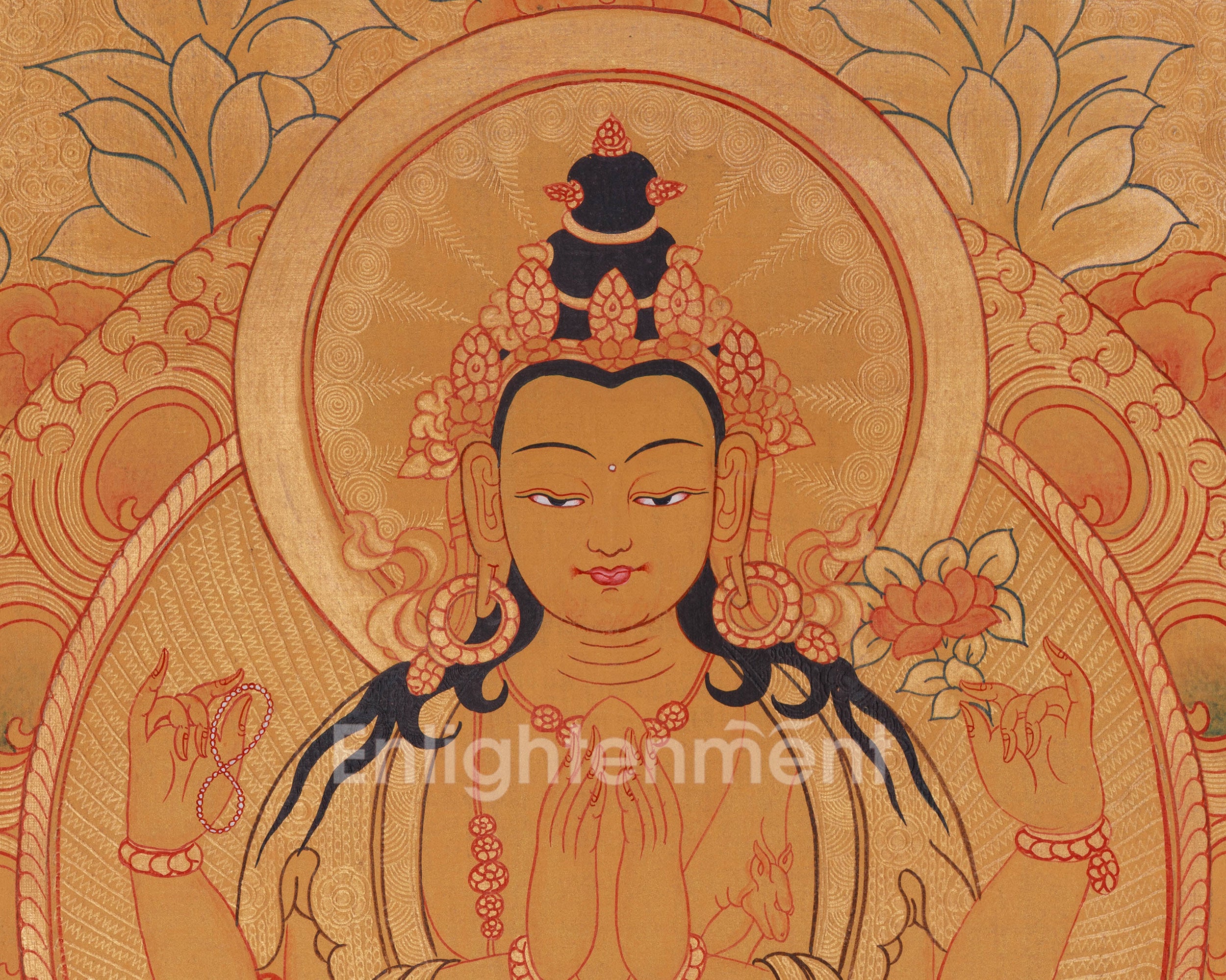 Four-Armed Chenrezig Compassion Thangka | Avalokiteshvara, Manjushri & Vajrpani Art | Meditation Altar