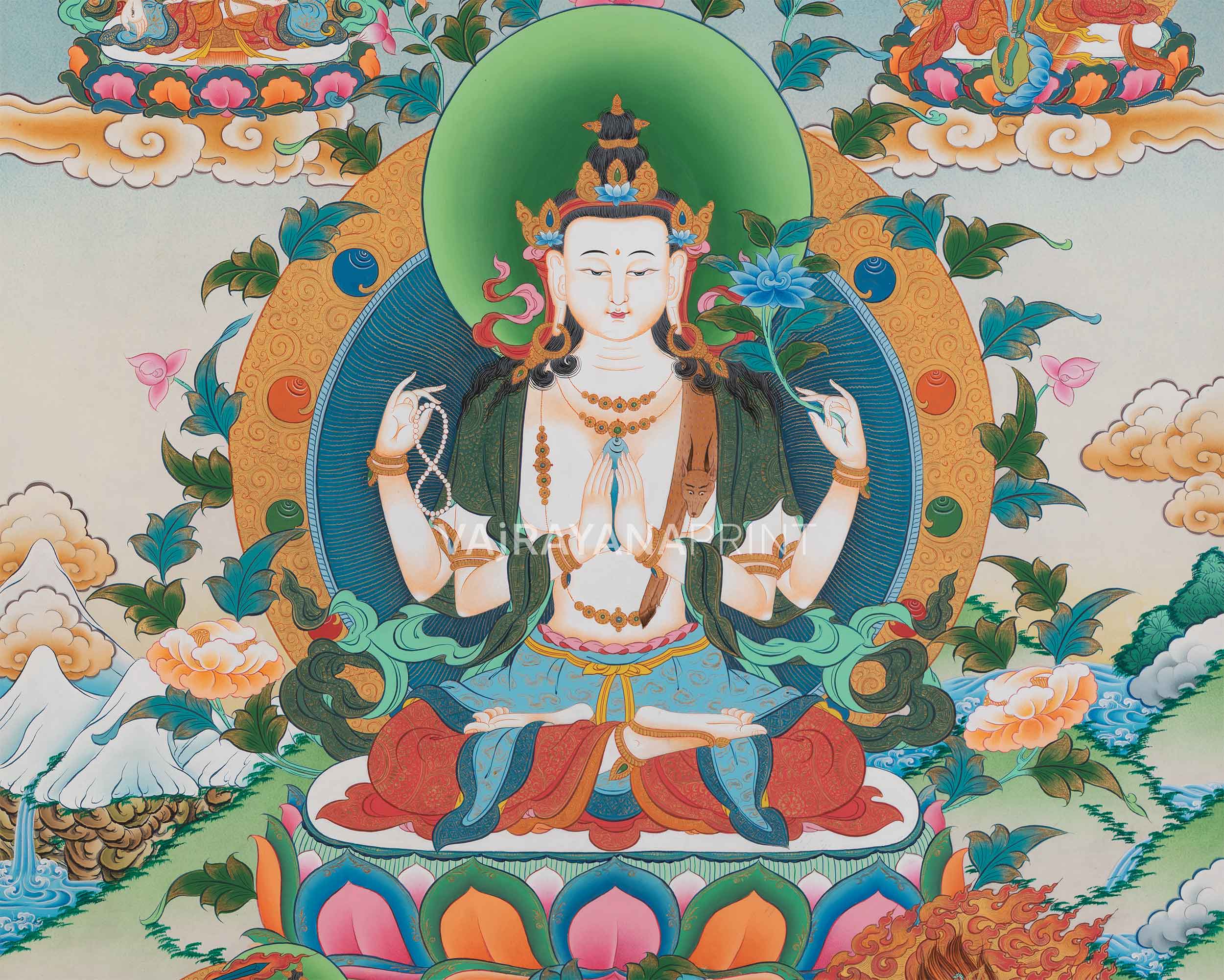 Chenrezig Thangka Print Enveloped by Bodhisattvas' Grace | Traditional Wall Decors