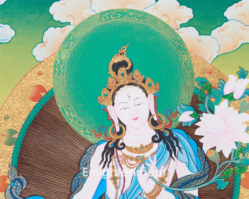 White Tara Female Buddha Thangka | Hand-Painted Art for Meditation