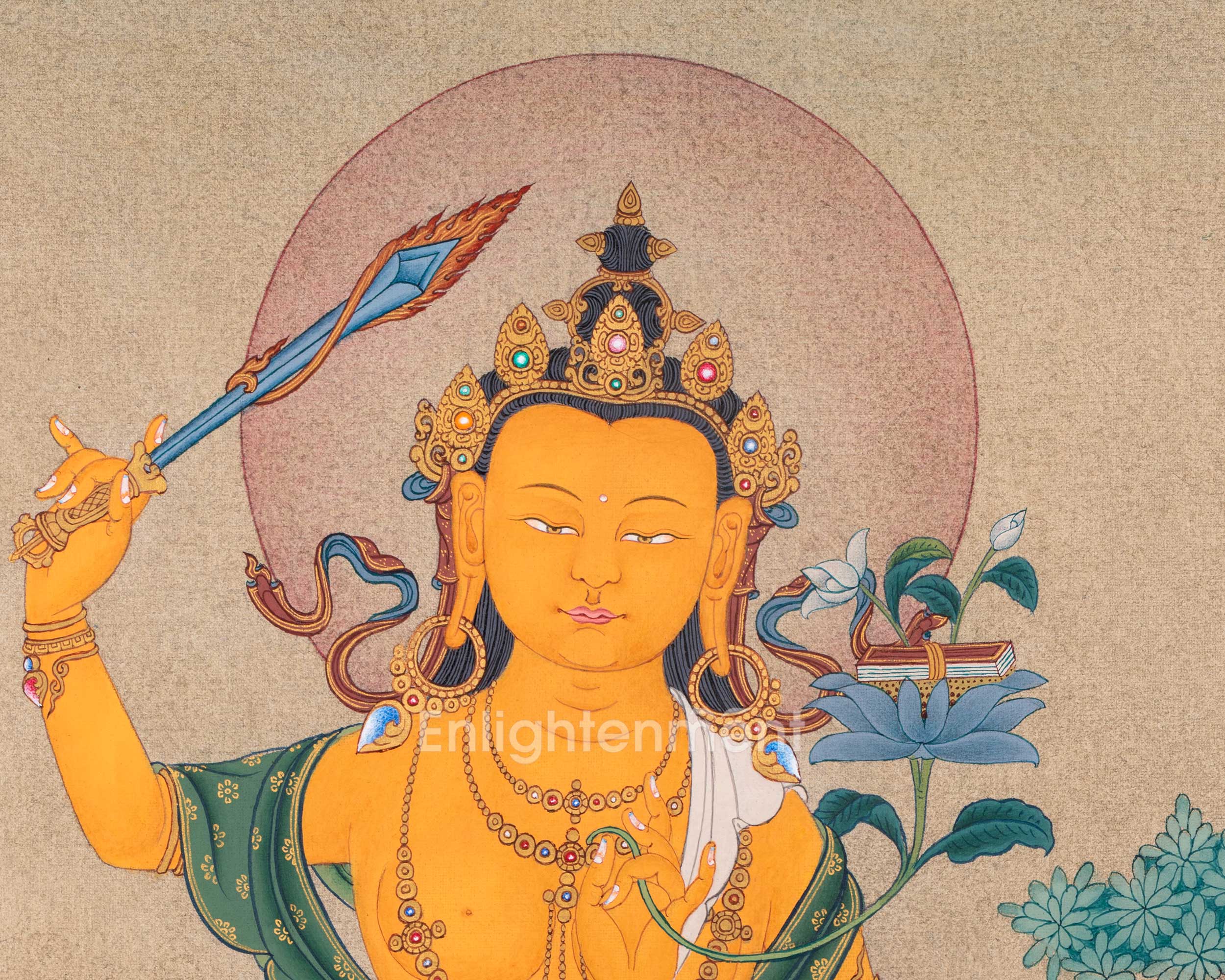Manjushree in Natural Colors: Karma Gadri Thangka