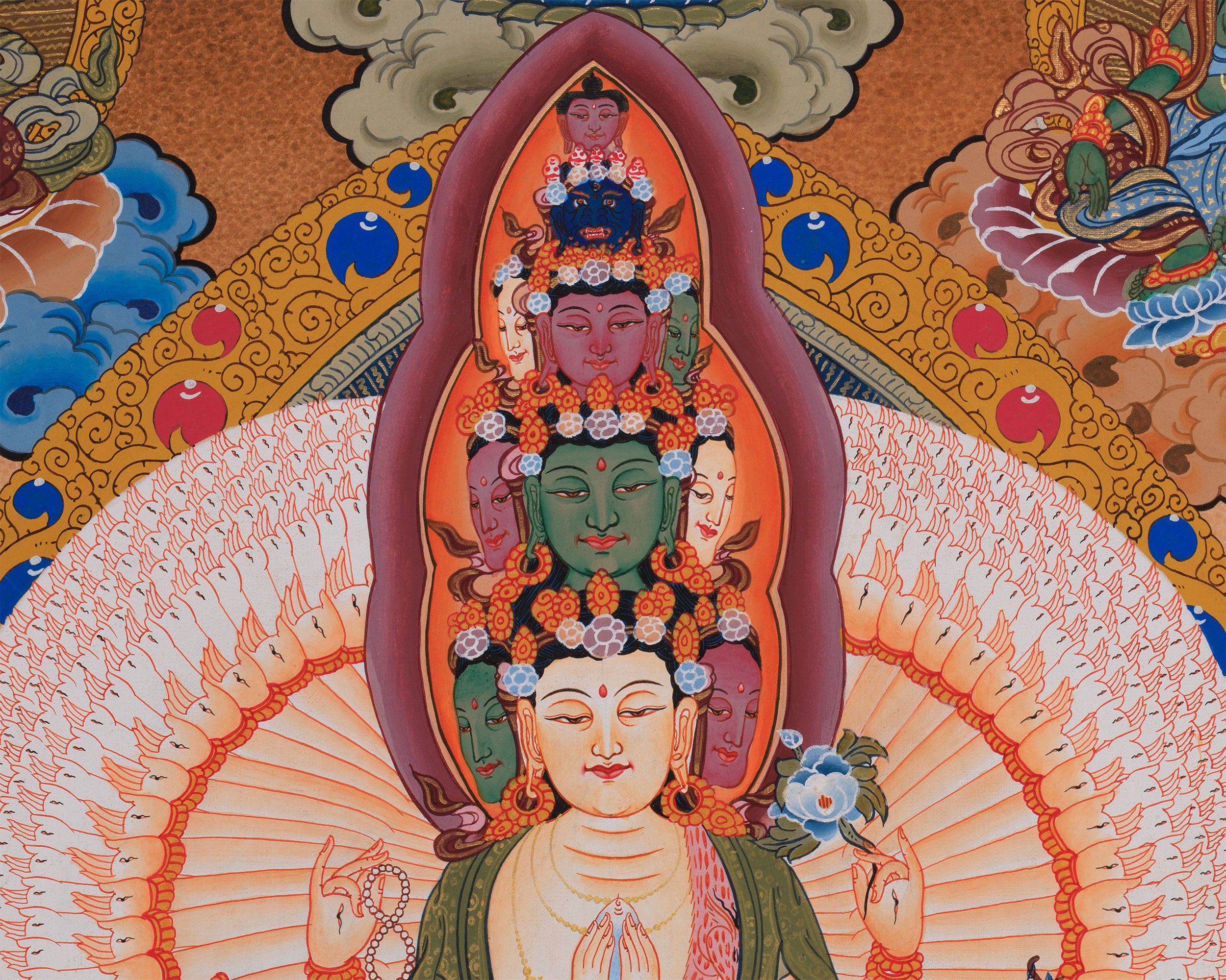 1000-Armed Avalokiteshvara Flanked Tara, Amitabha Buddha, Manjushri, and Vajrapani | Bodhisattva Chenrezig Artwork