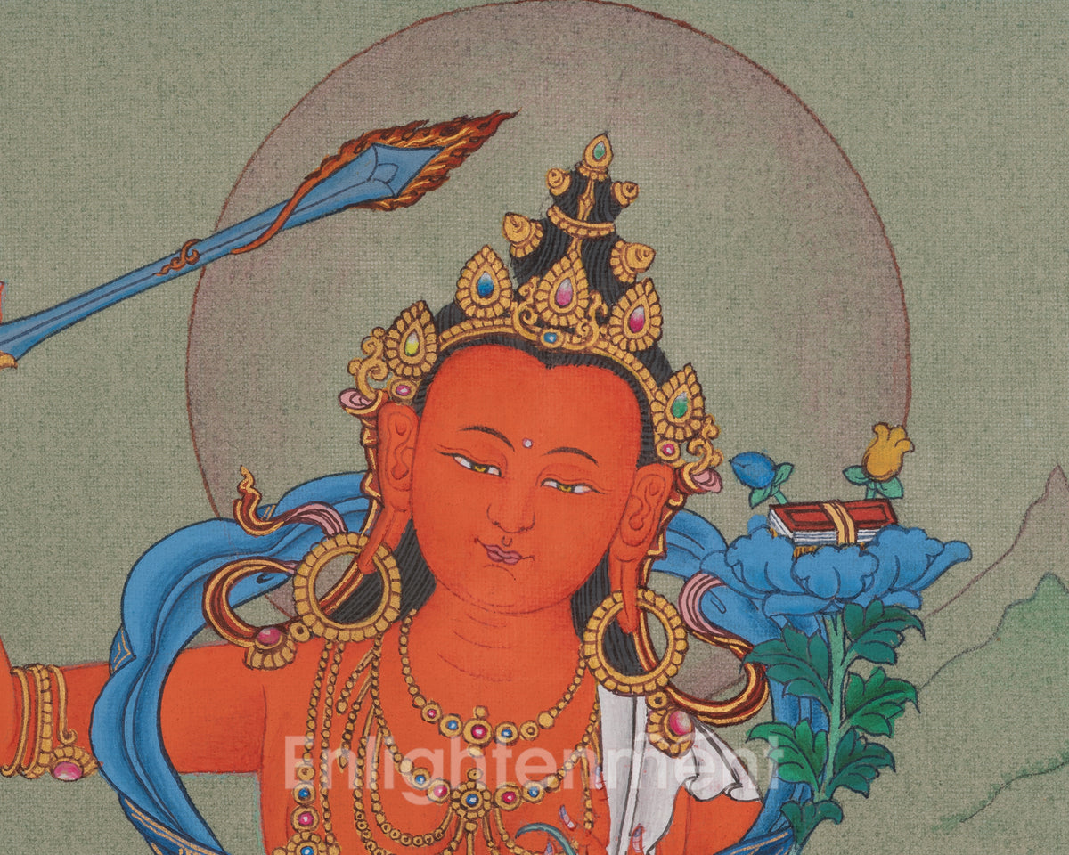 Manjushri Spiritual Artwork | A Sacred Thangka of Knowledge and Enlightenment