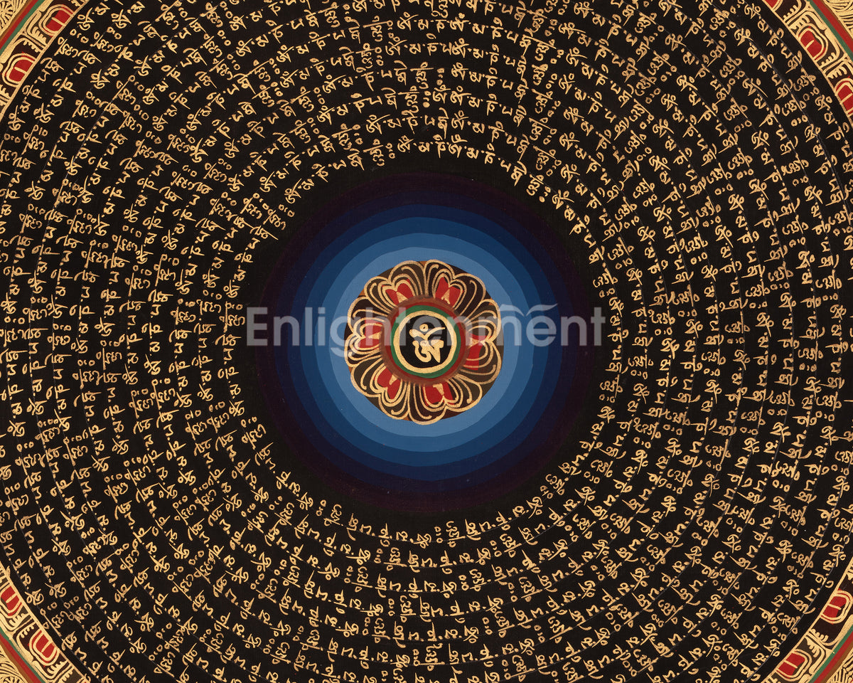 Om Mantra Mandala Thangka | Sacred Tibetan Buddhist Gold-on-Black Painting