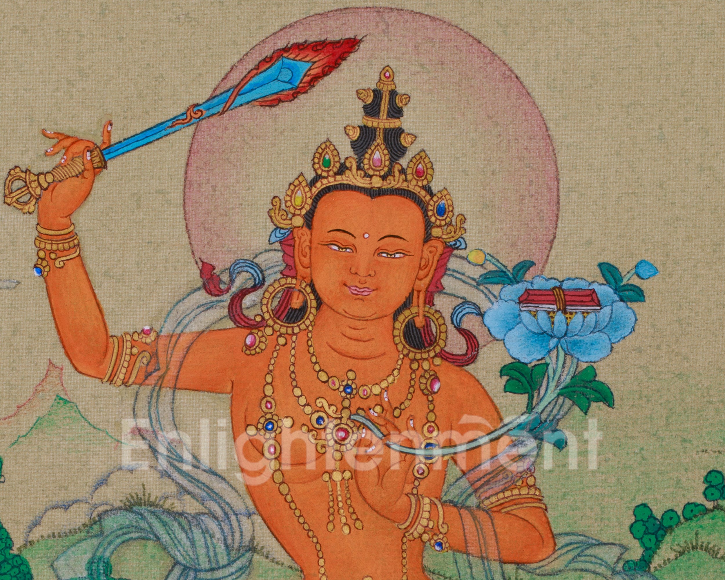 Embodiment Of Wisdom Manjushri Thangka | Wielding Flaming Sword