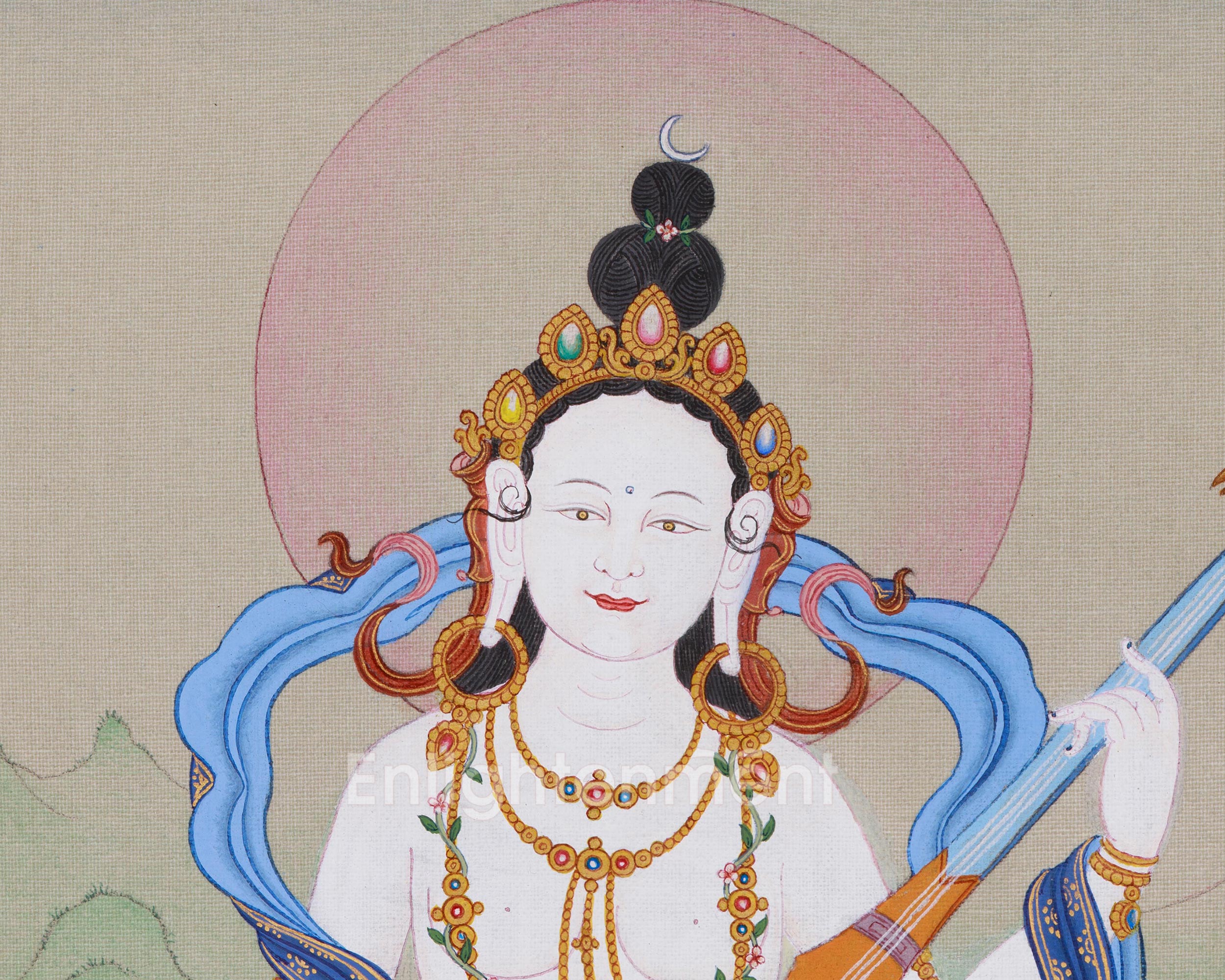 Wisdom Goddess Saraswati | A Sacred Thangka of Knowledge and Creativity