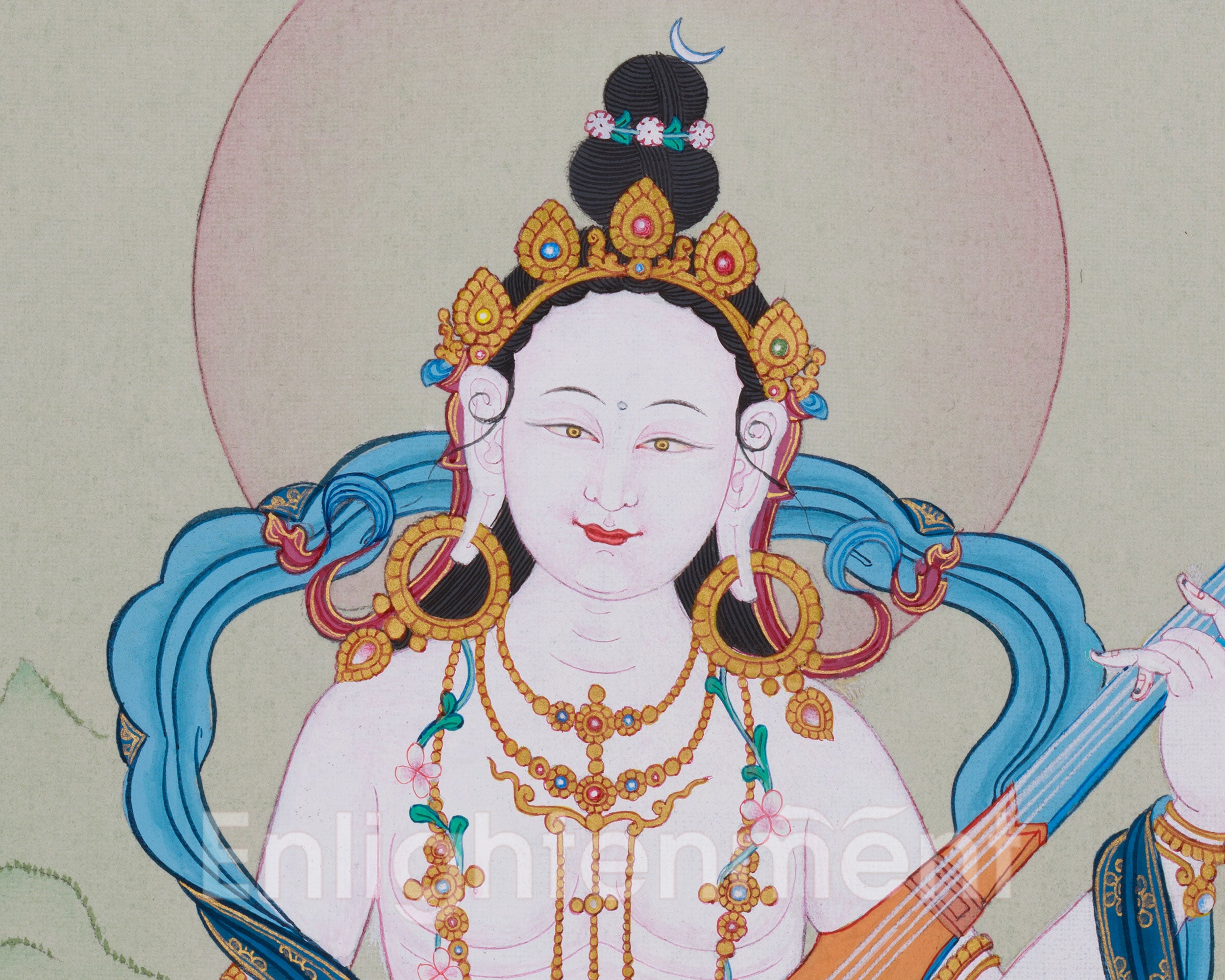 13-Inch Saraswati Thangka | Hand-Painted Goddess of Wisdom and Arts