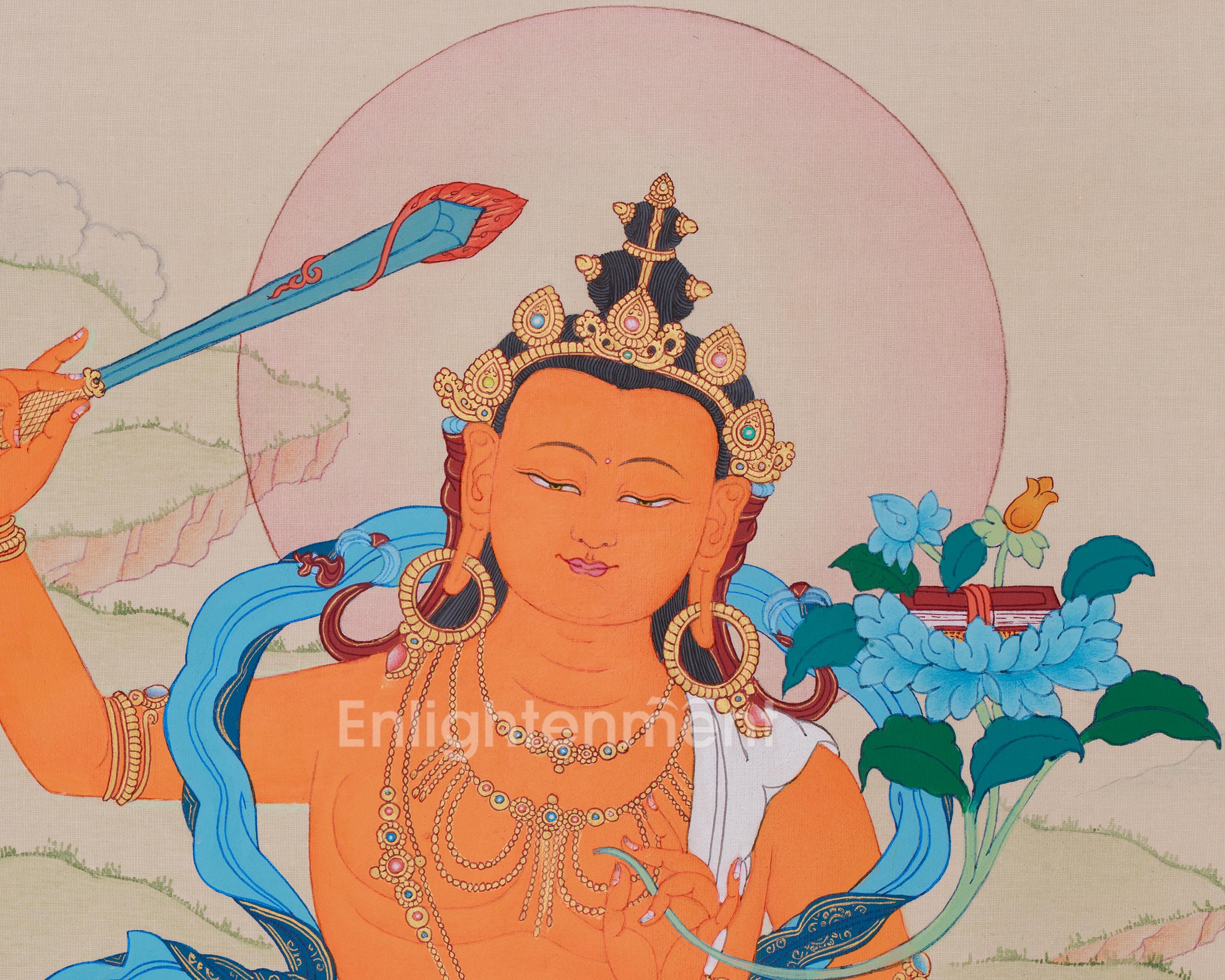 Handmade Bodhisattva Manjushri Thangka | Buddha of Knowledge and Wisdom