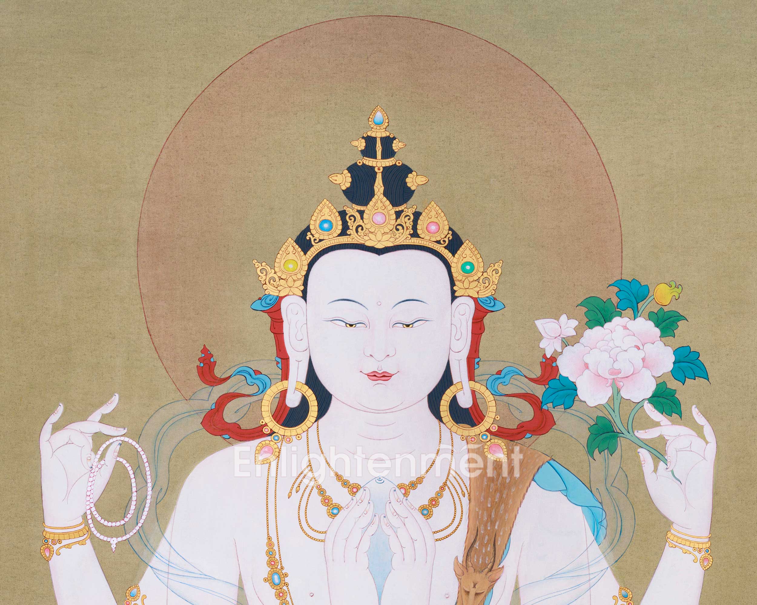 Chenrezig Healing Compassion Hand painted Thangka, Minimalistic Compostion