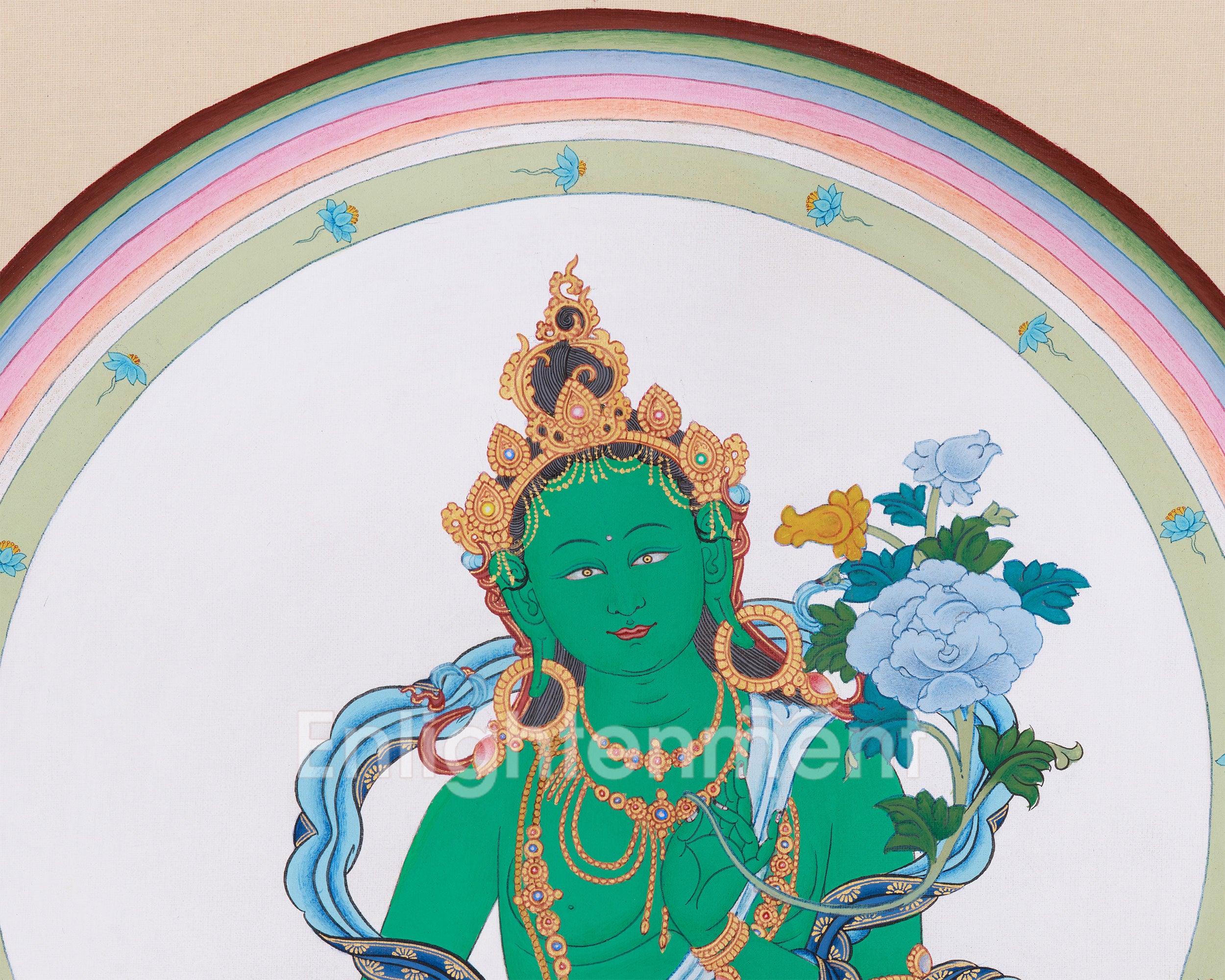 Uniquely Hand-Painted Green Tara Protection Deity Thangka | Featuring Amitabha Buddha