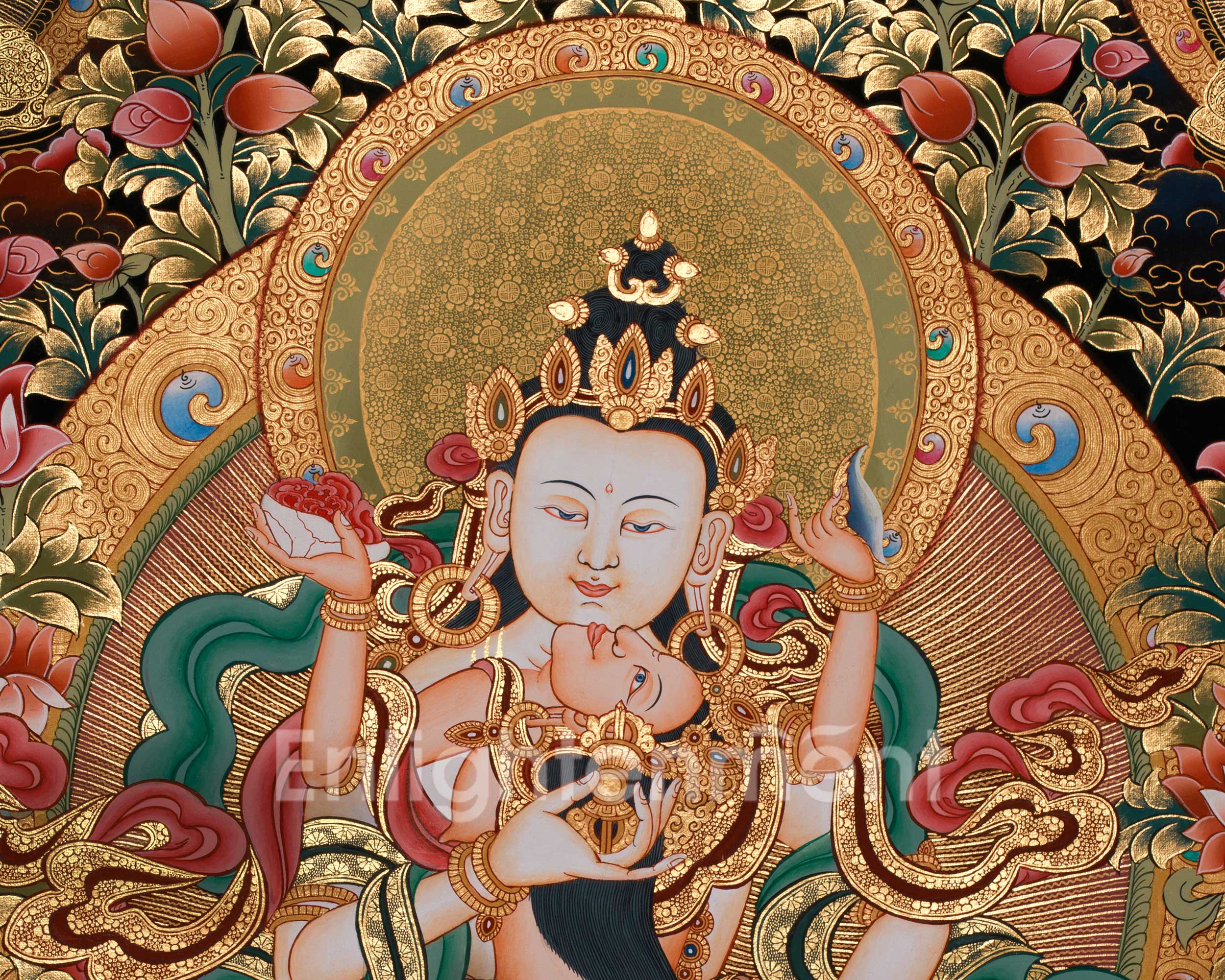 Unique Tibetan Vajrasattva and Consort Thangka | Spiritual Masterpiece with Gold Accents