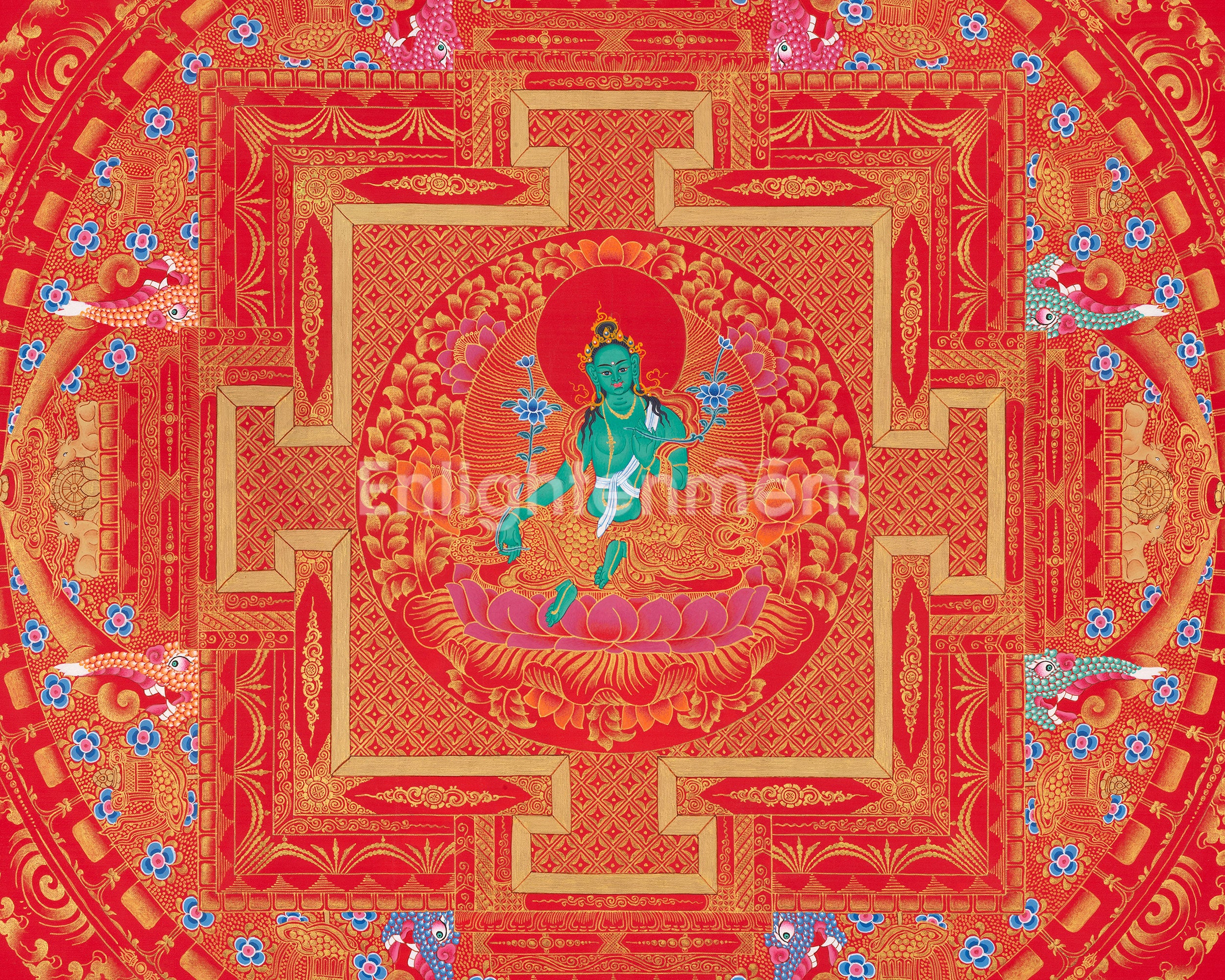 Goddess Green Tara Mandala Thangka | Healing Mandala Thangka | Perfect For Wall Decoration |