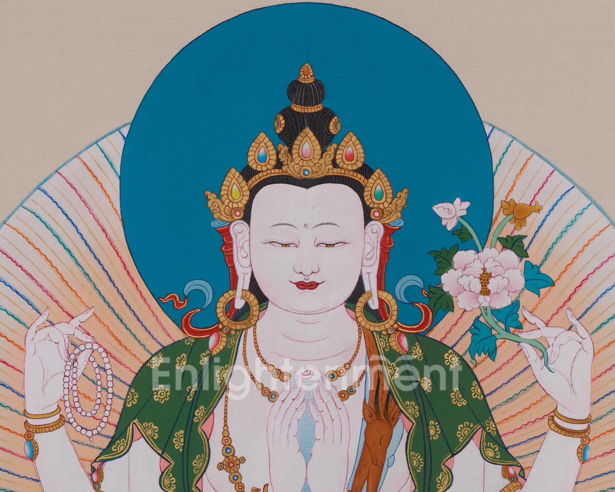 Buddhist Four-Armed Chenrezig Thangka | Symbolizing Compassion, Mercy, and Protection