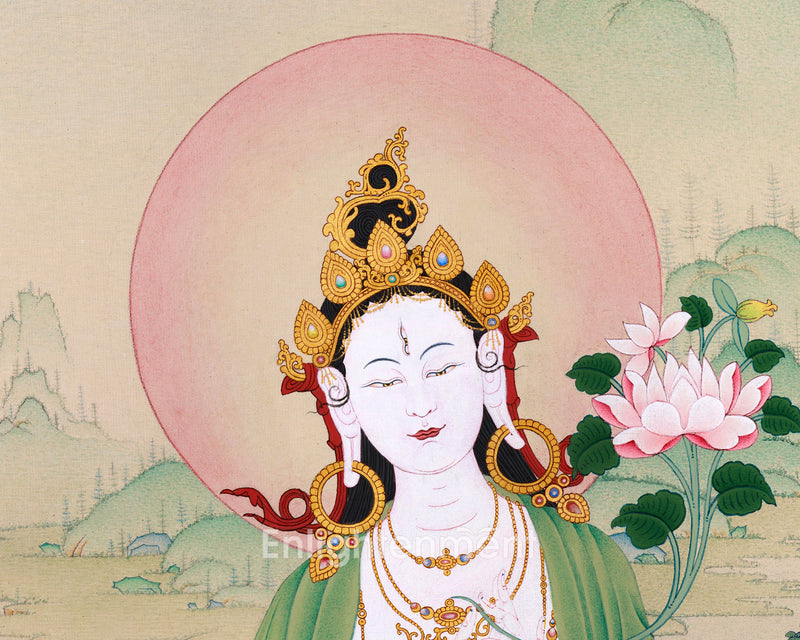 Radiant Grace: An Exquisite White Tara Thangka, Unique Depiction in Exceptional Quality