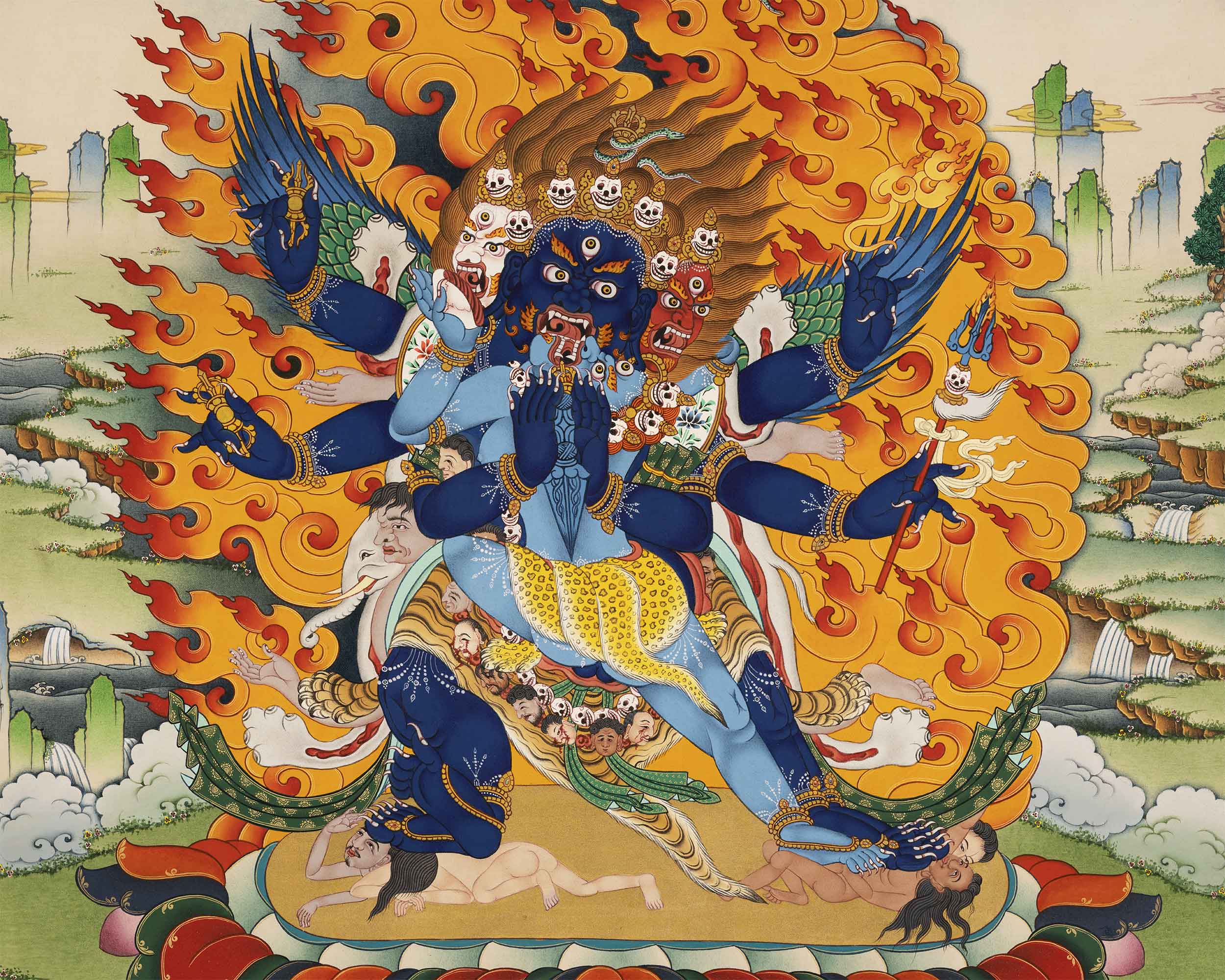 Vajrakilaya Thangka Print | Antique Black and Red Silk Brocade | Runner