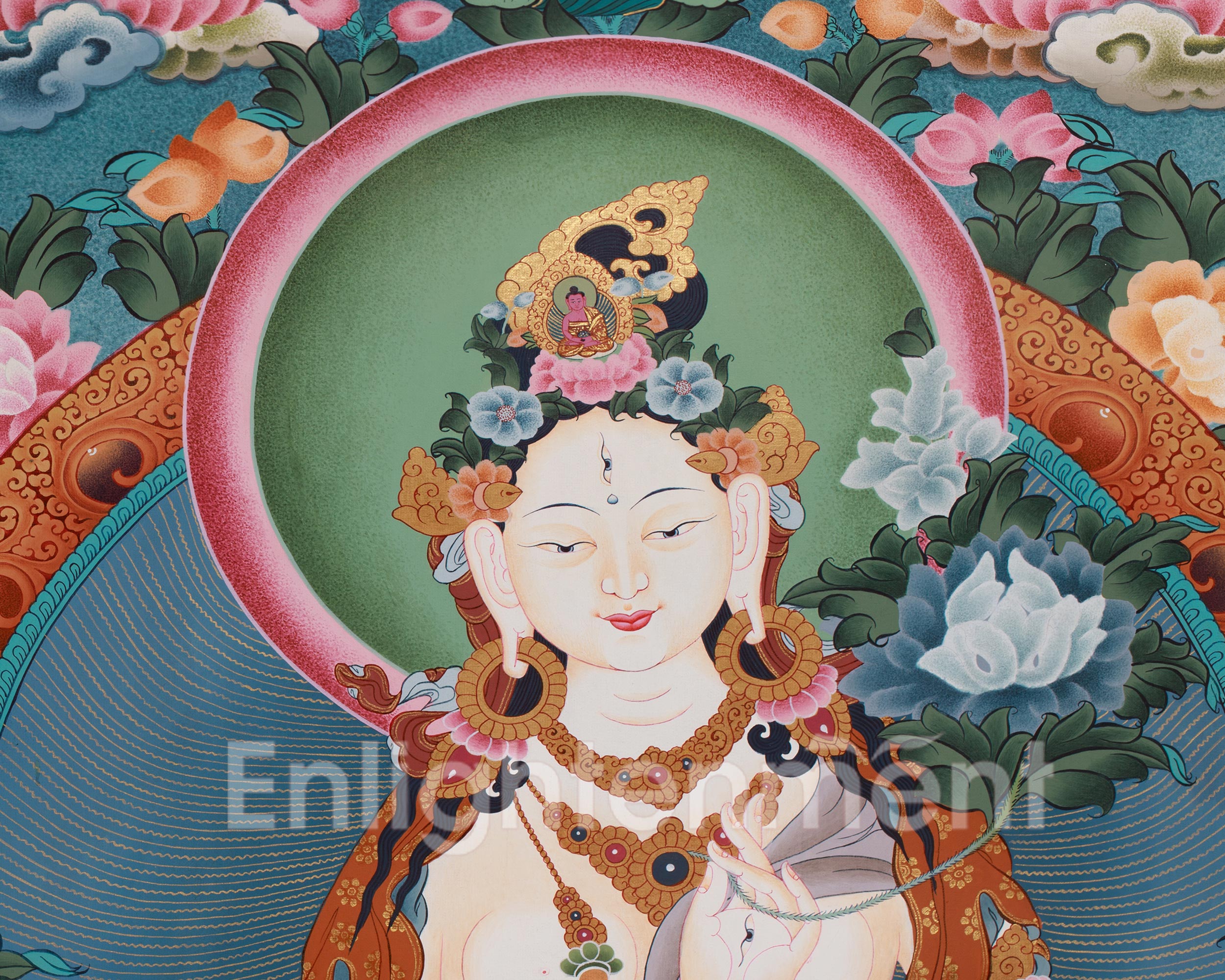 Majestic Seven Eyes Goddess, White Tara Thangka | Five Dhyani Buddhas, Amitayus & Namgyalma