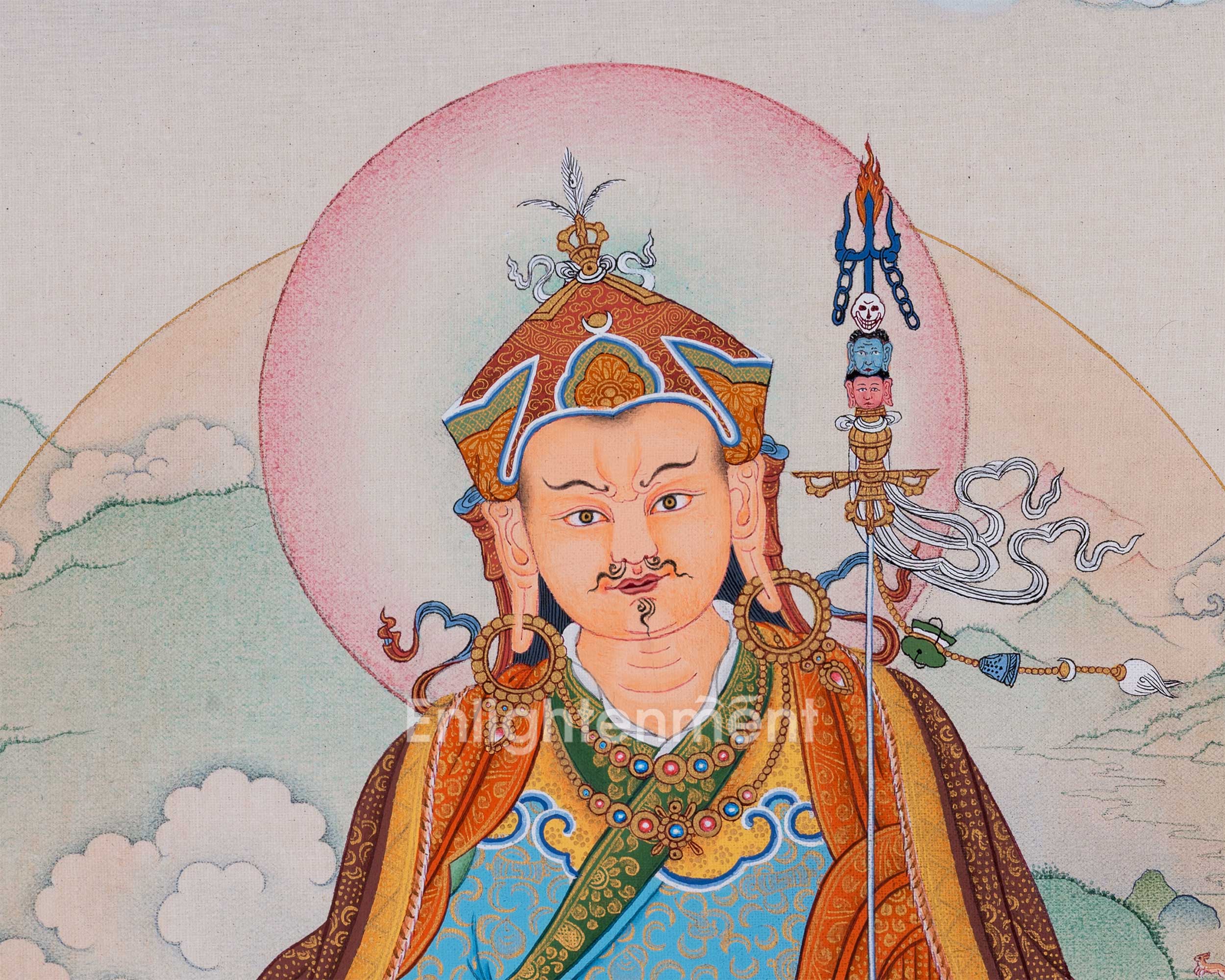 Guru Rinpoche Thangka with Mandarva and Yeshe Tsogyal | Amitabha Buddha Atop