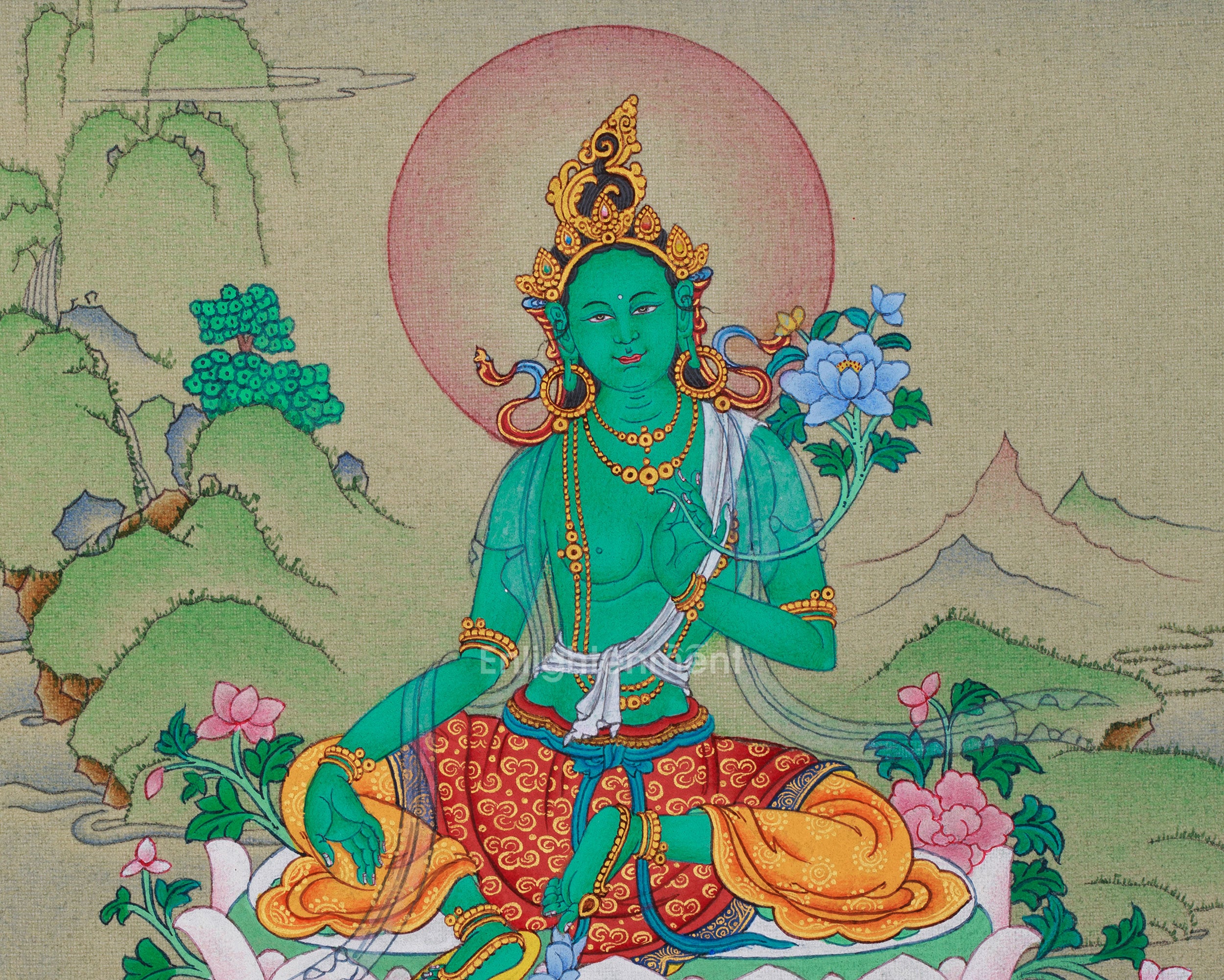 Green Tara: Small but Detailed Thangka in Lhasa Stone Colors