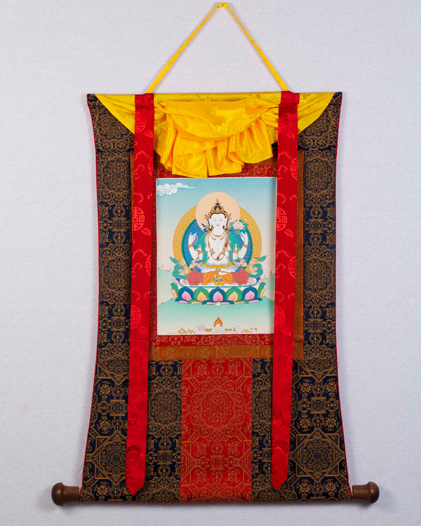 Avalokiteshvara Thangka | Himalayan Buddhist Art (with Brocade)