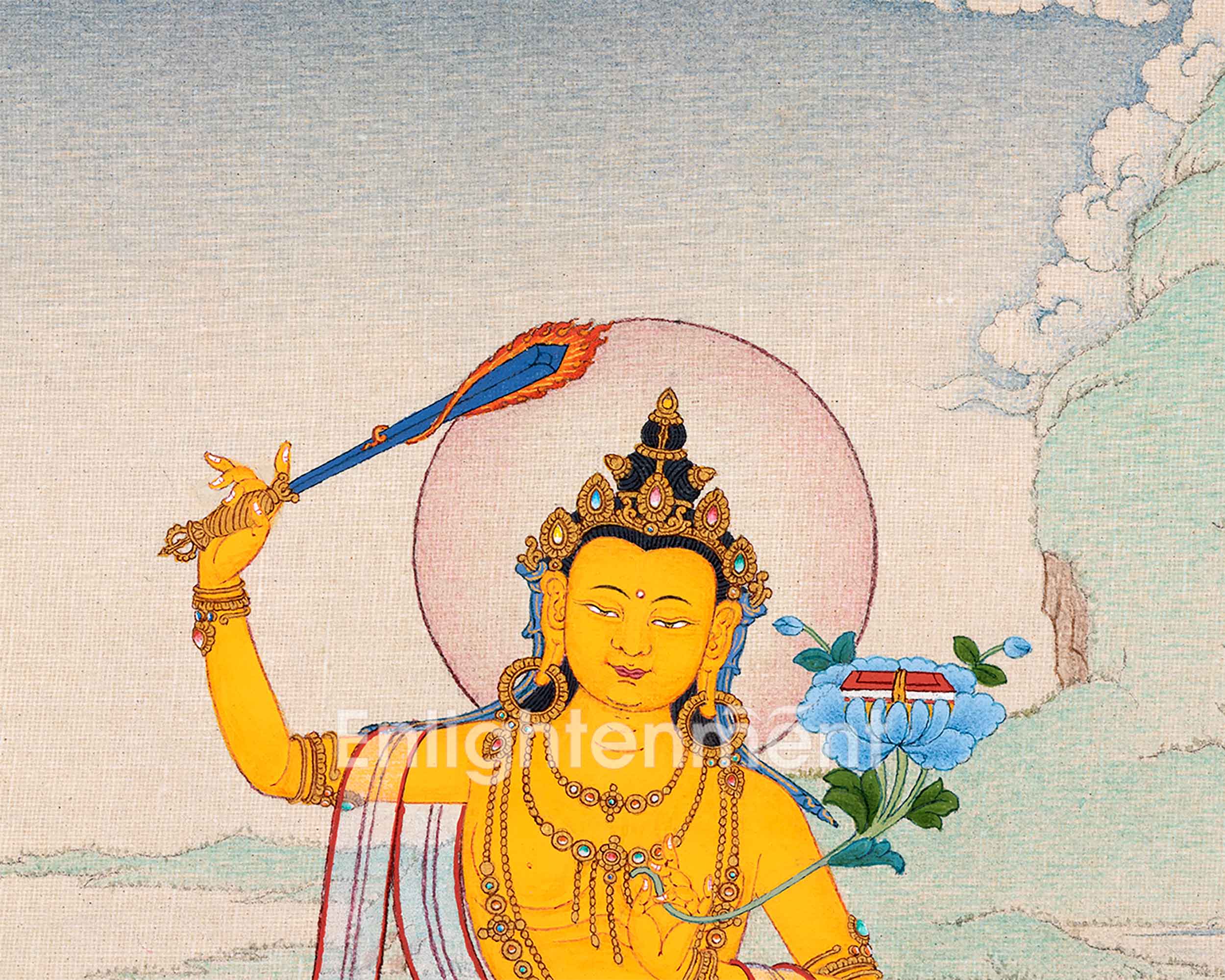 Tibetan Manjushri Thangka Painting | The Wisdom Deity Art for Spiritual Enlightenment | Hand Painted Artwork
