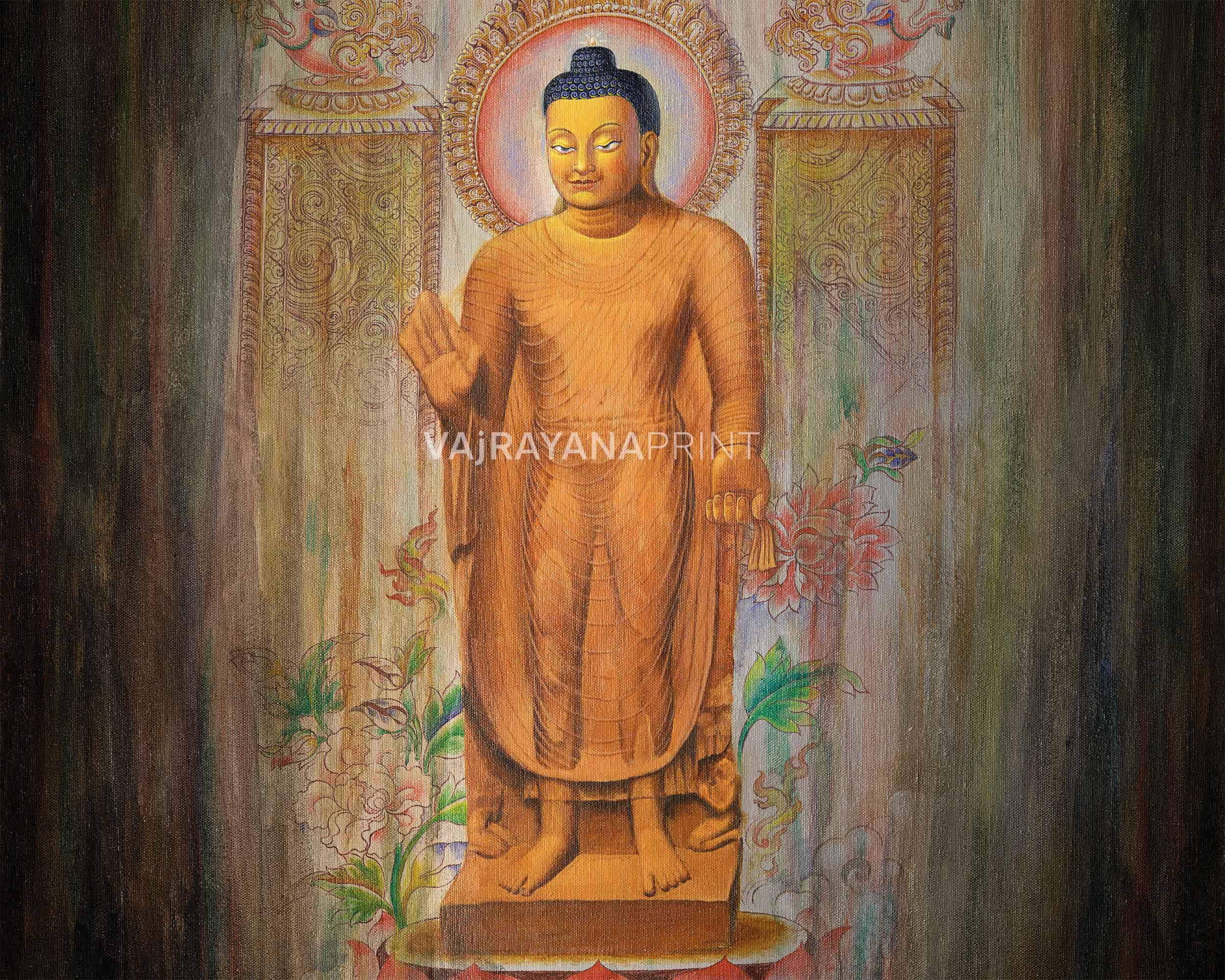 Graceful Shakyamuni Buddha Standing Thangka Print | Traditional Artwork For Decor