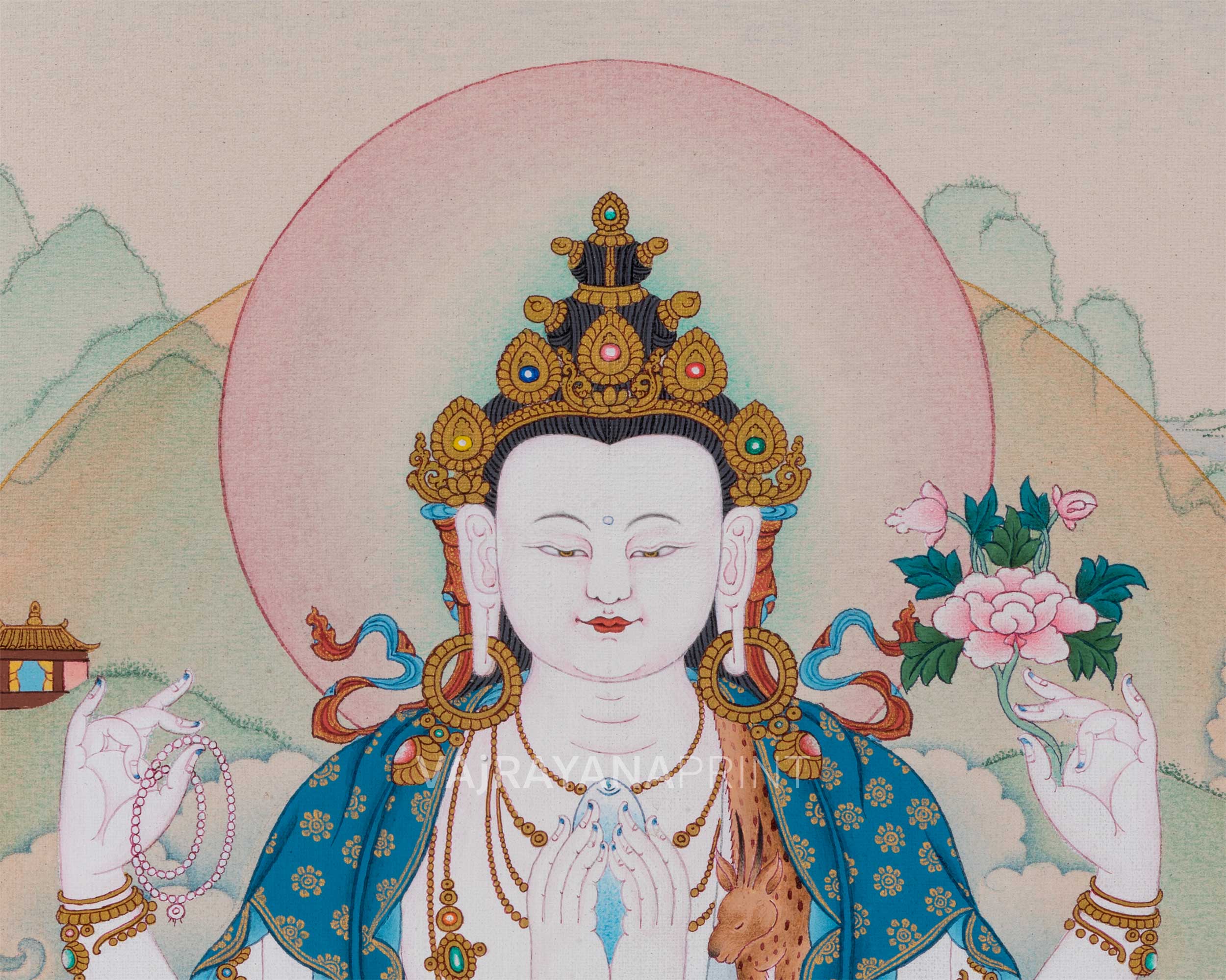 4 Armed Avalokiteshvara Thangka Print | Chenrezig With Buddha Amitabha