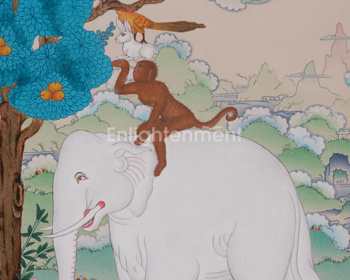 Four Harmonious Friends Sacred Art | Traditional Himalayan Buddhist Thangka