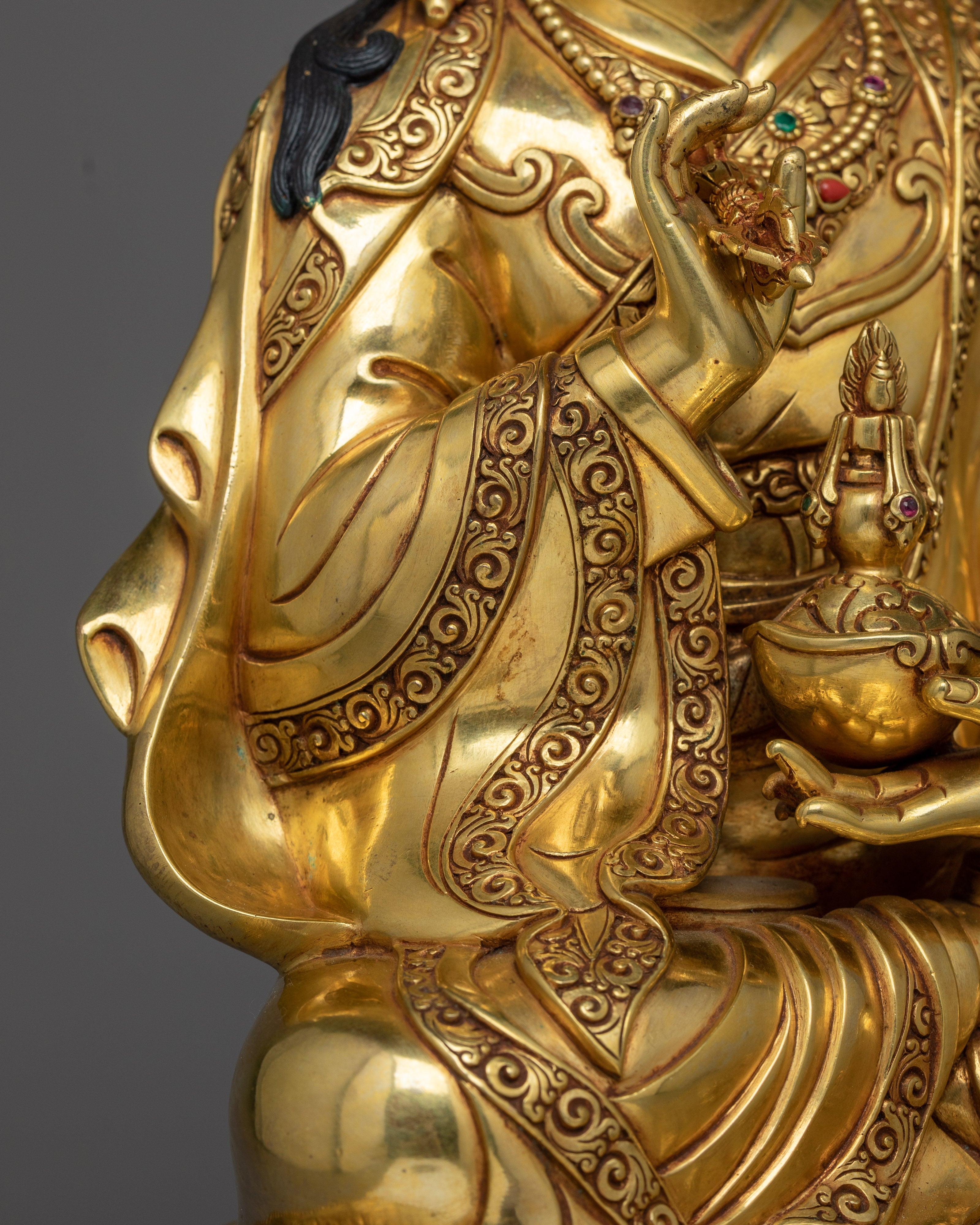 Gold Gilded Guru Rinpoche Statue | Hand-Carved Gemstone, 24K Gold Gilded