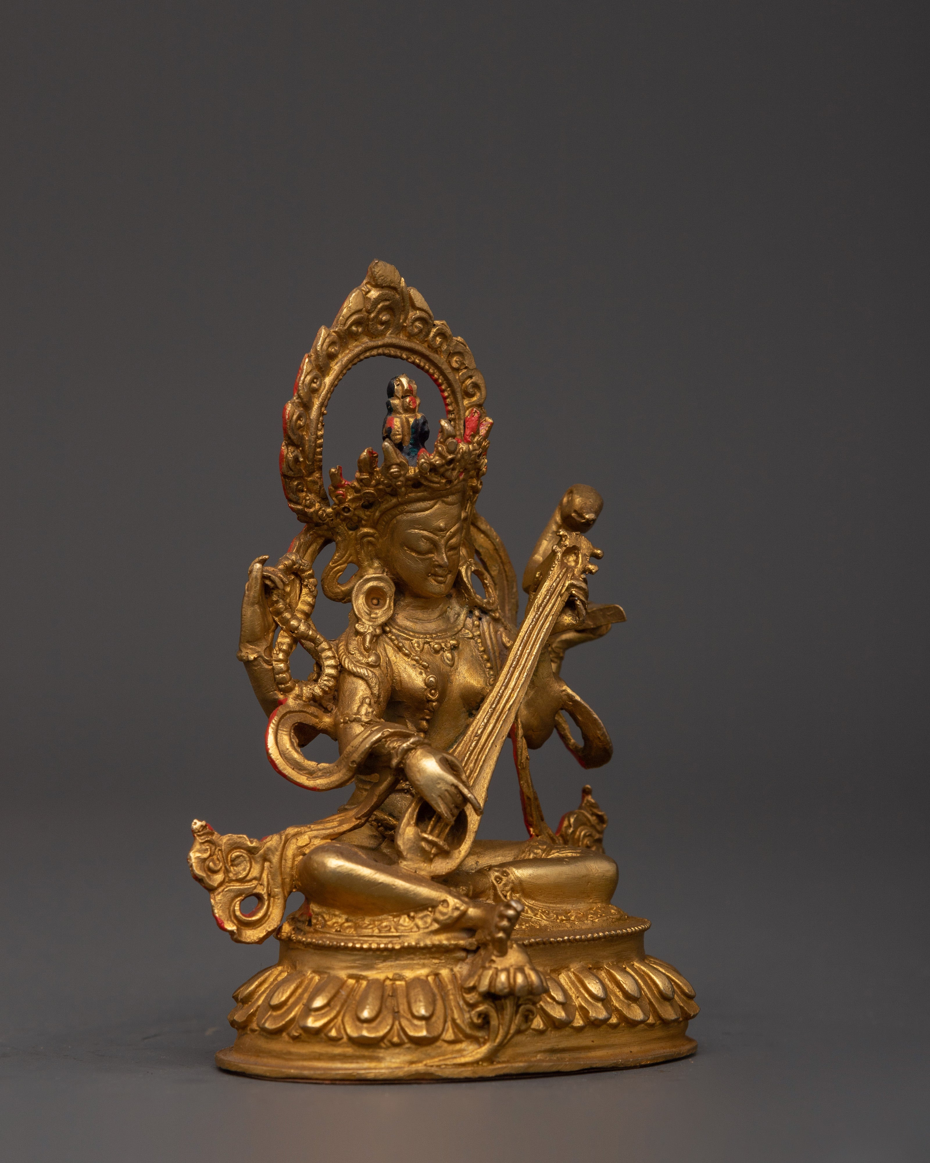 Gold Plated Saraswati Devi Statue | Goddess Idol of Wisdom, Purity & Knowledge