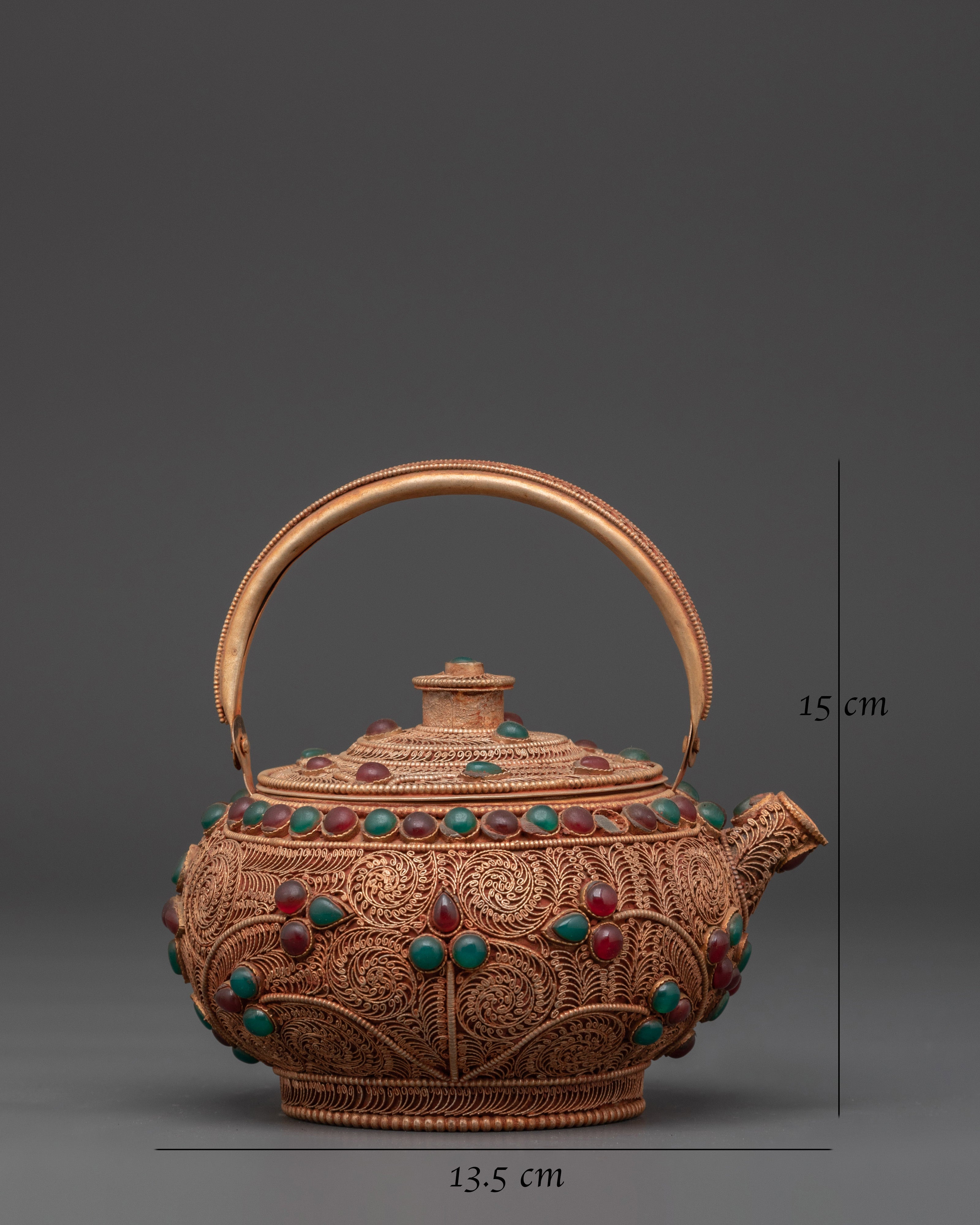 Handcrafted Tibetan Teapot | Traditional Copper & Gemstone Tea Pot