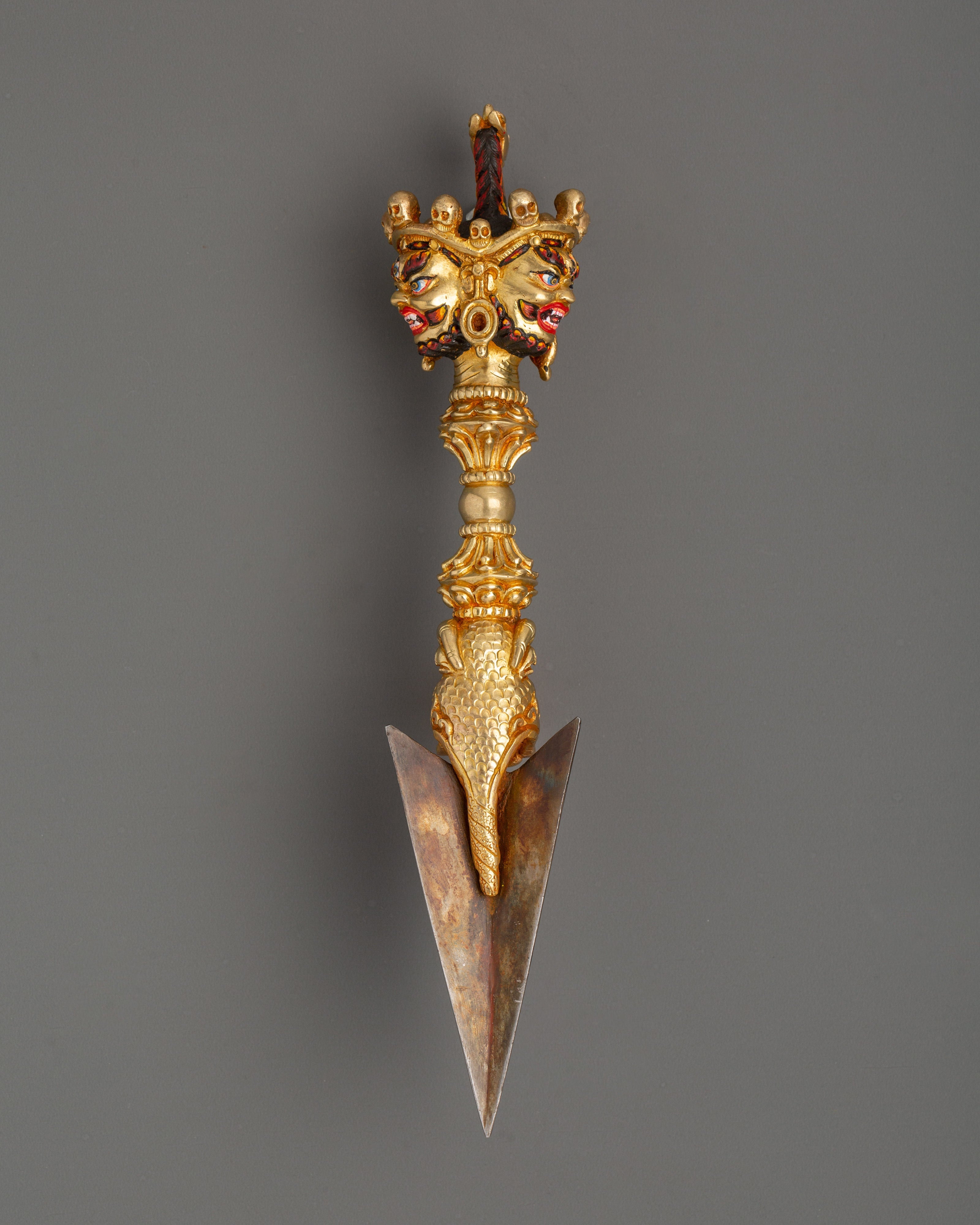 Large Gold Plated Phurba Dagger | Tibetan Ritual Dagger in Copper