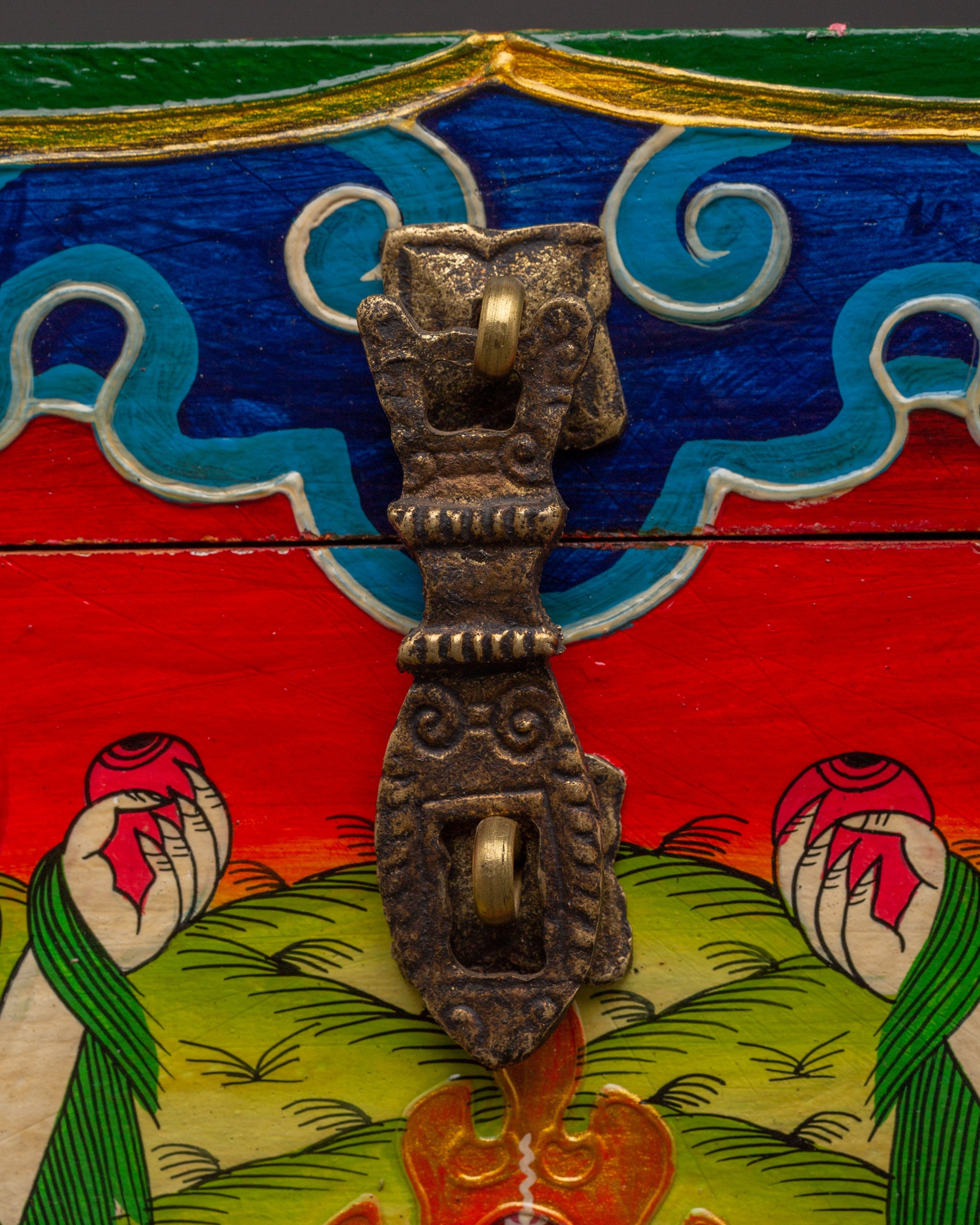 Tibetan Wooden Box with Snow Lions | Sacred Hand-Painted Ritual Chest