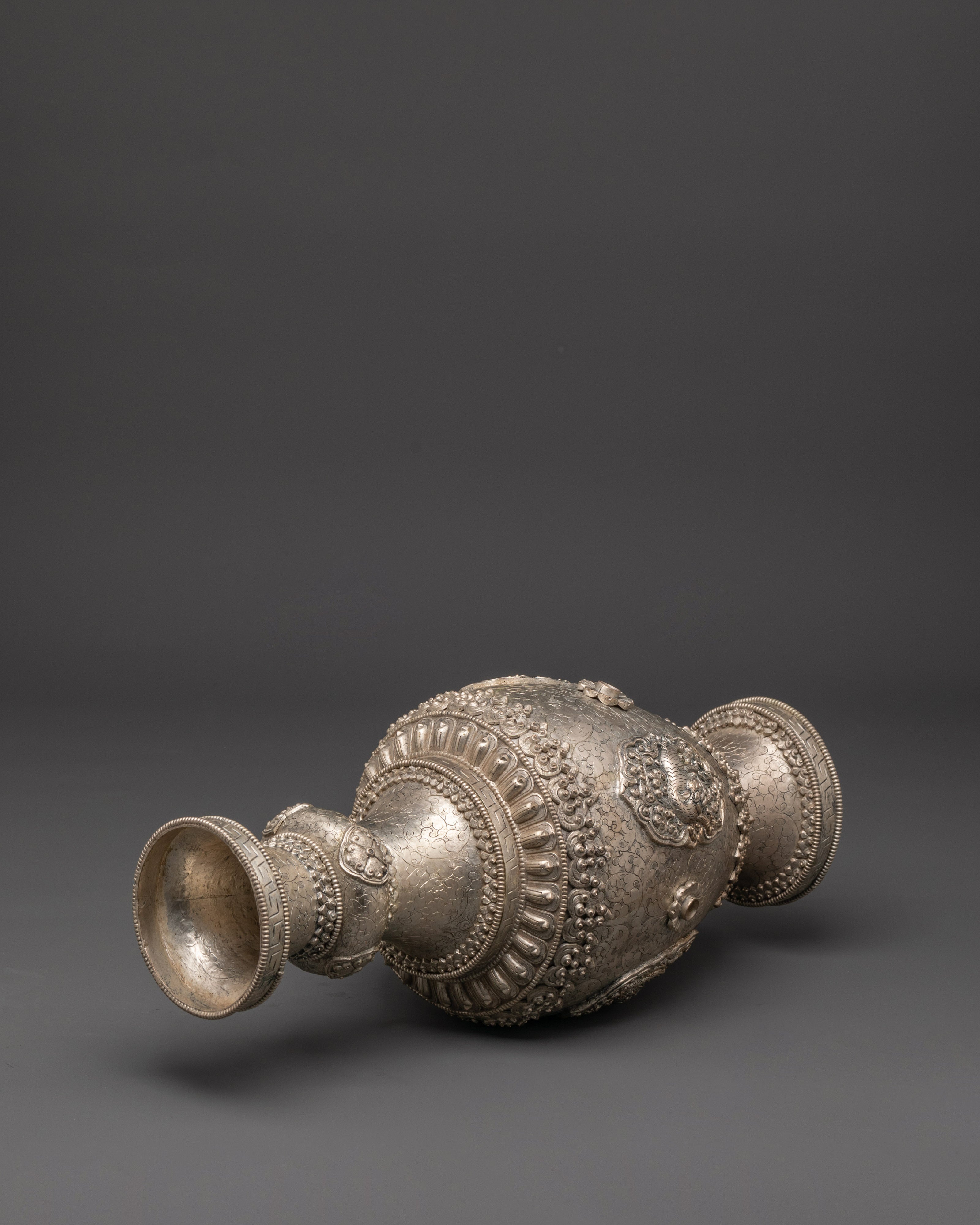 Handcrafted Silver Flower Vase Pair | Tibetan Buddhist Lion Motif Urns