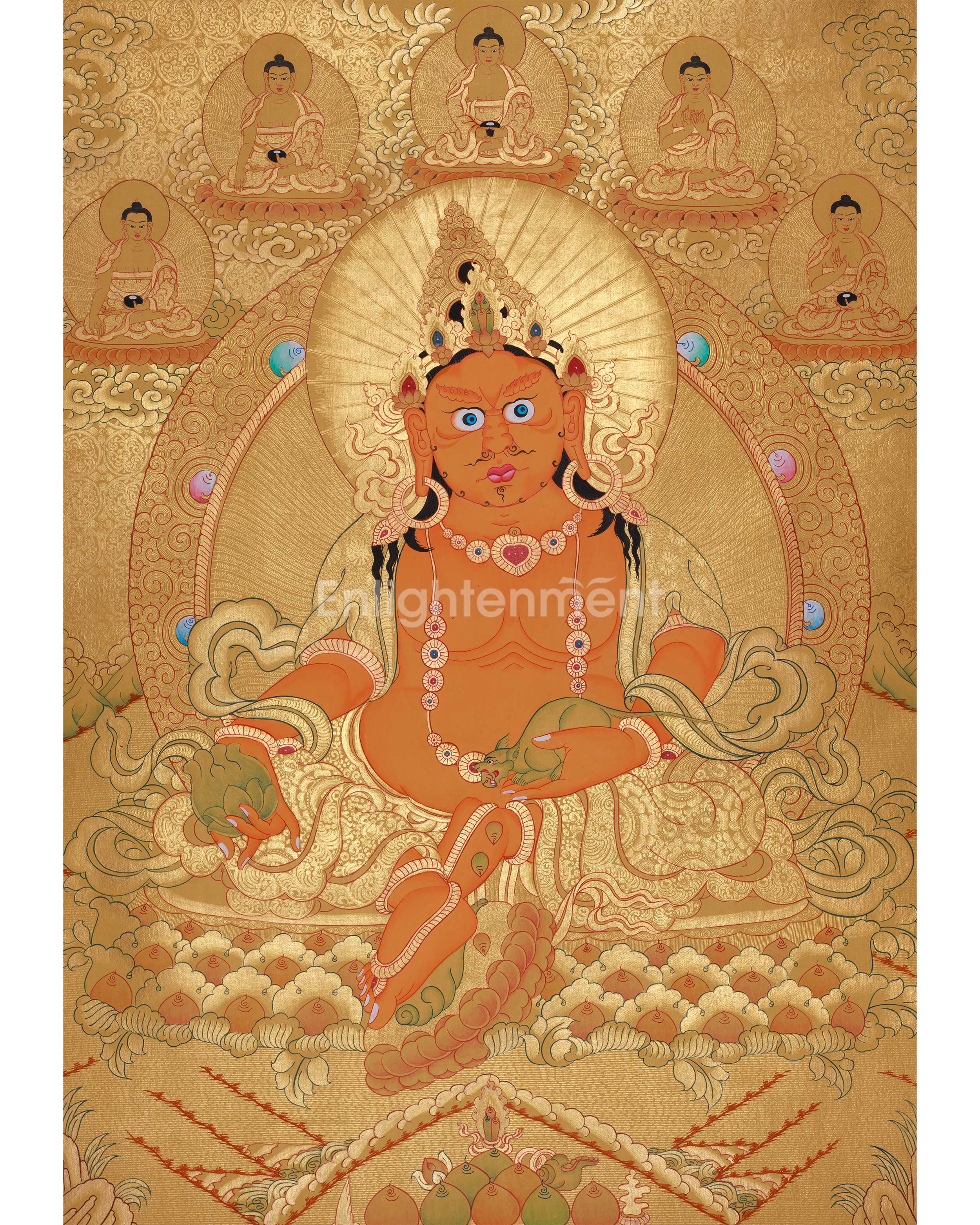 Full Gold Dzambala With Five Dhyani Buddhas | Kubera Thangka |